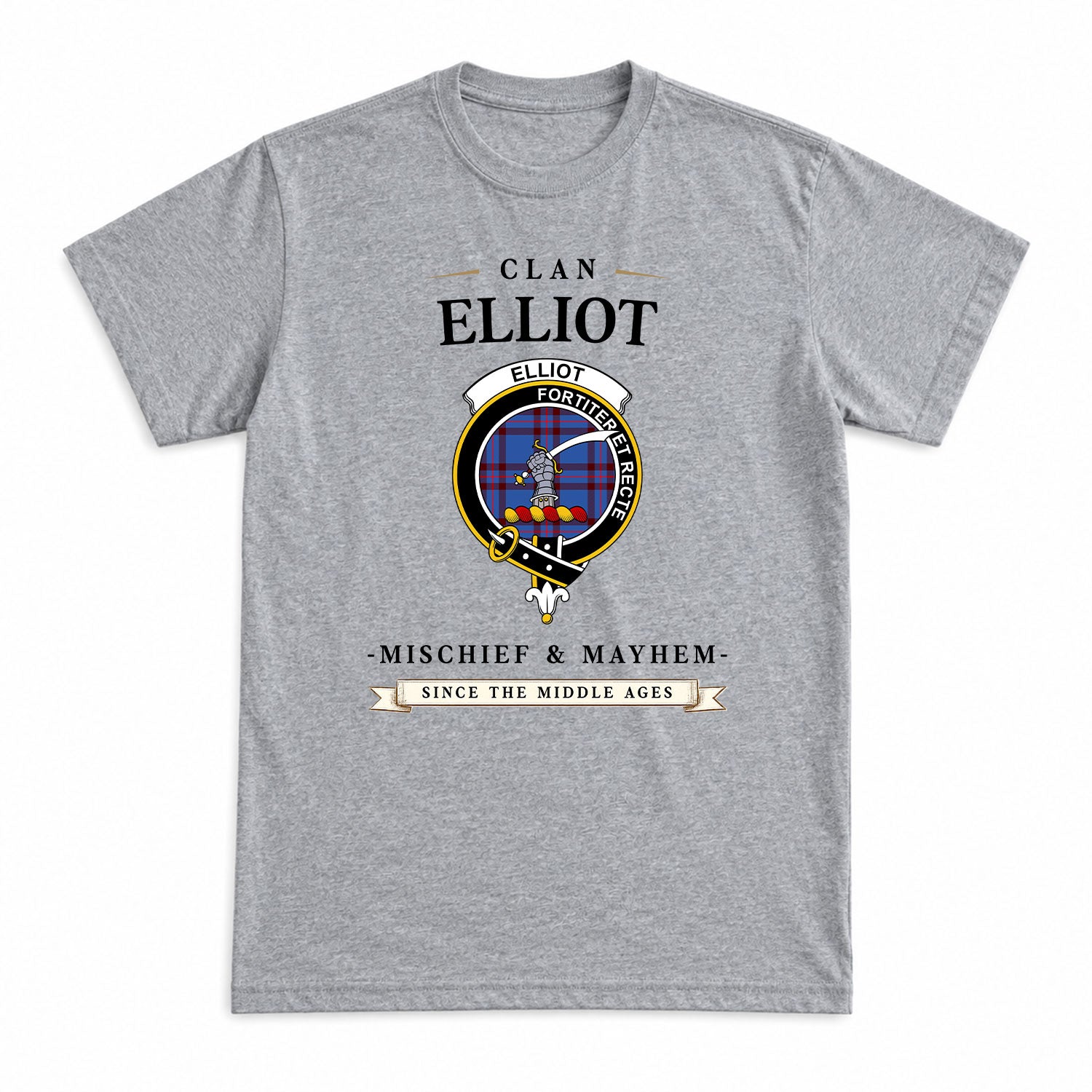 Elliot Modern Tartan Crest Mischief and Mayhem T-shirt
