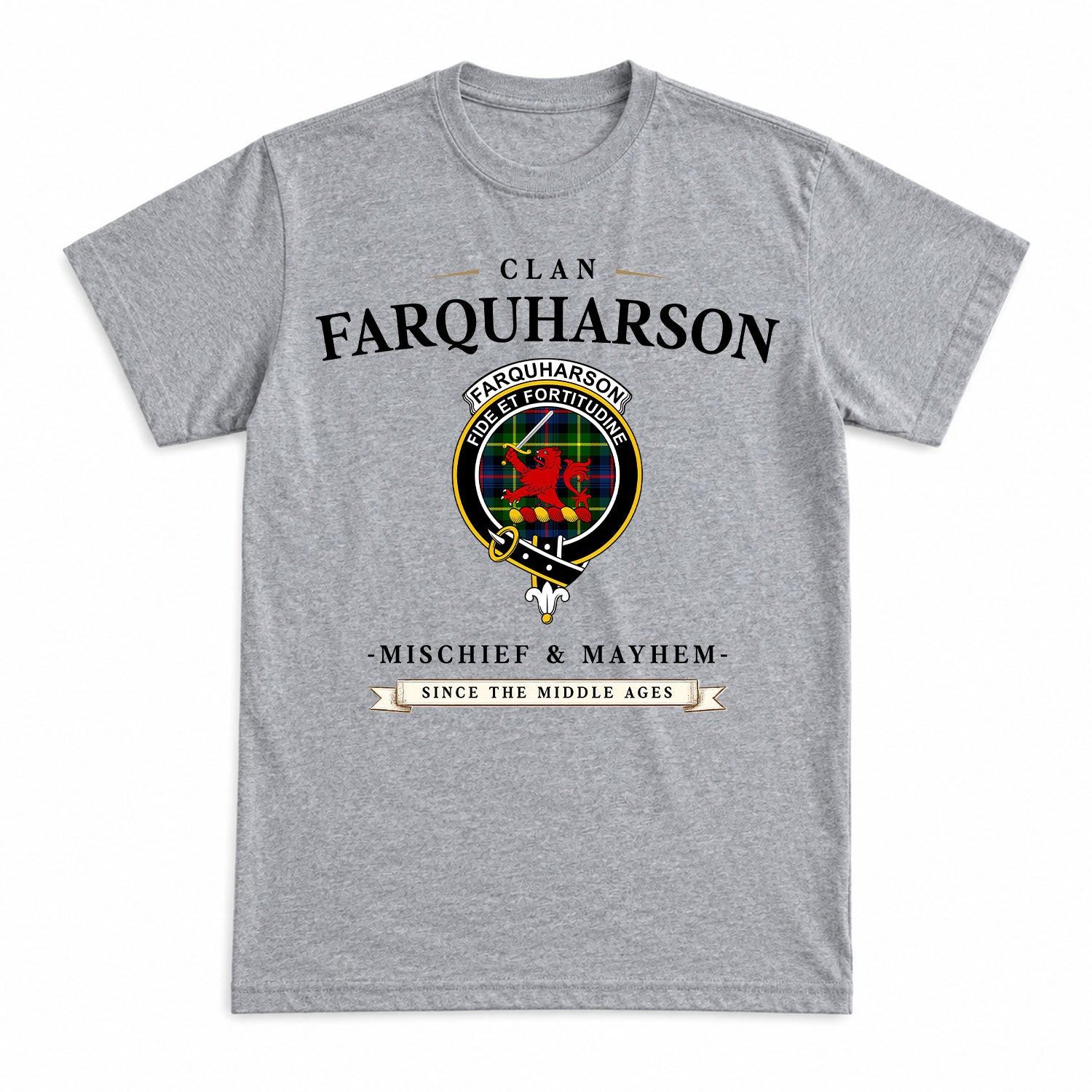 Farquharson Modern Tartan Crest Mischief and Mayhem T-shirt