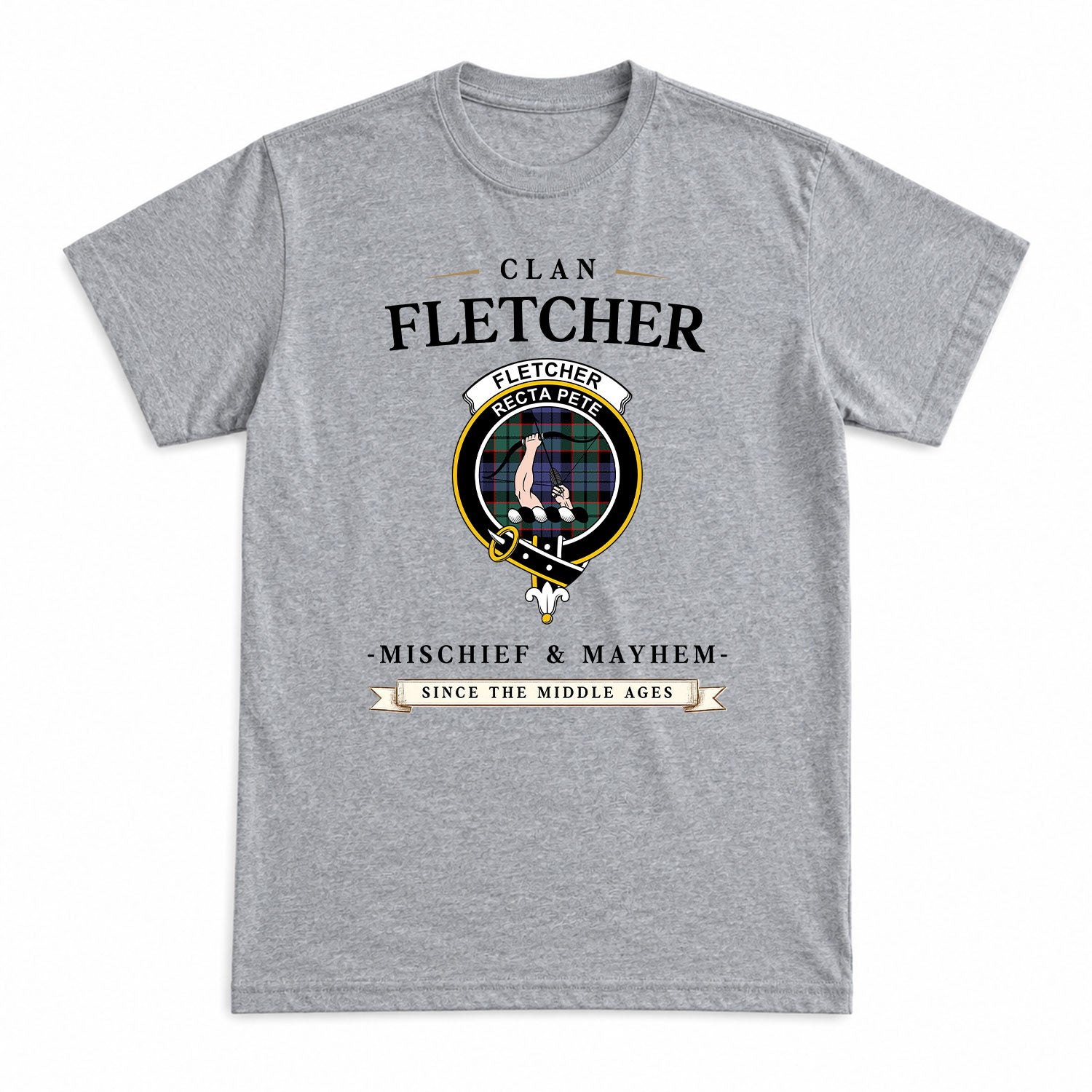 Fletcher Modern Tartan Crest Mischief and Mayhem T-shirt