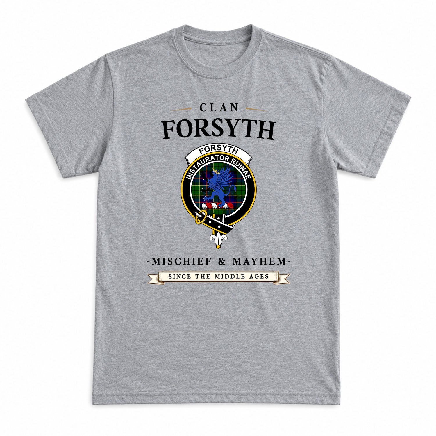 Forsyth Modern Tartan Crest Mischief and Mayhem T-shirt