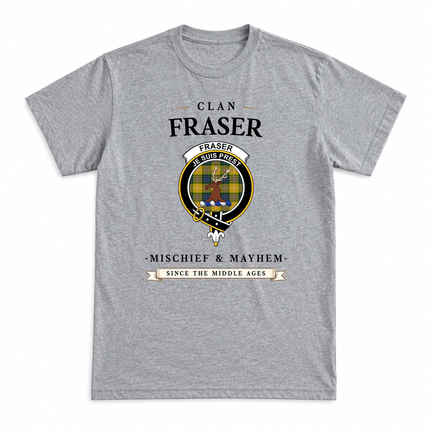 Fraser (of Lovat) Yellow Tartan Crest Mischief and Mayhem T-shirt