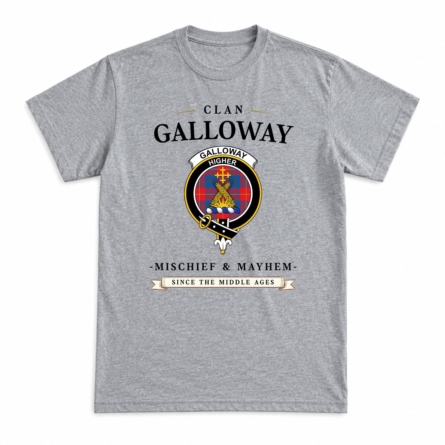 Galloway Red Tartan Crest Mischief and Mayhem T-shirt