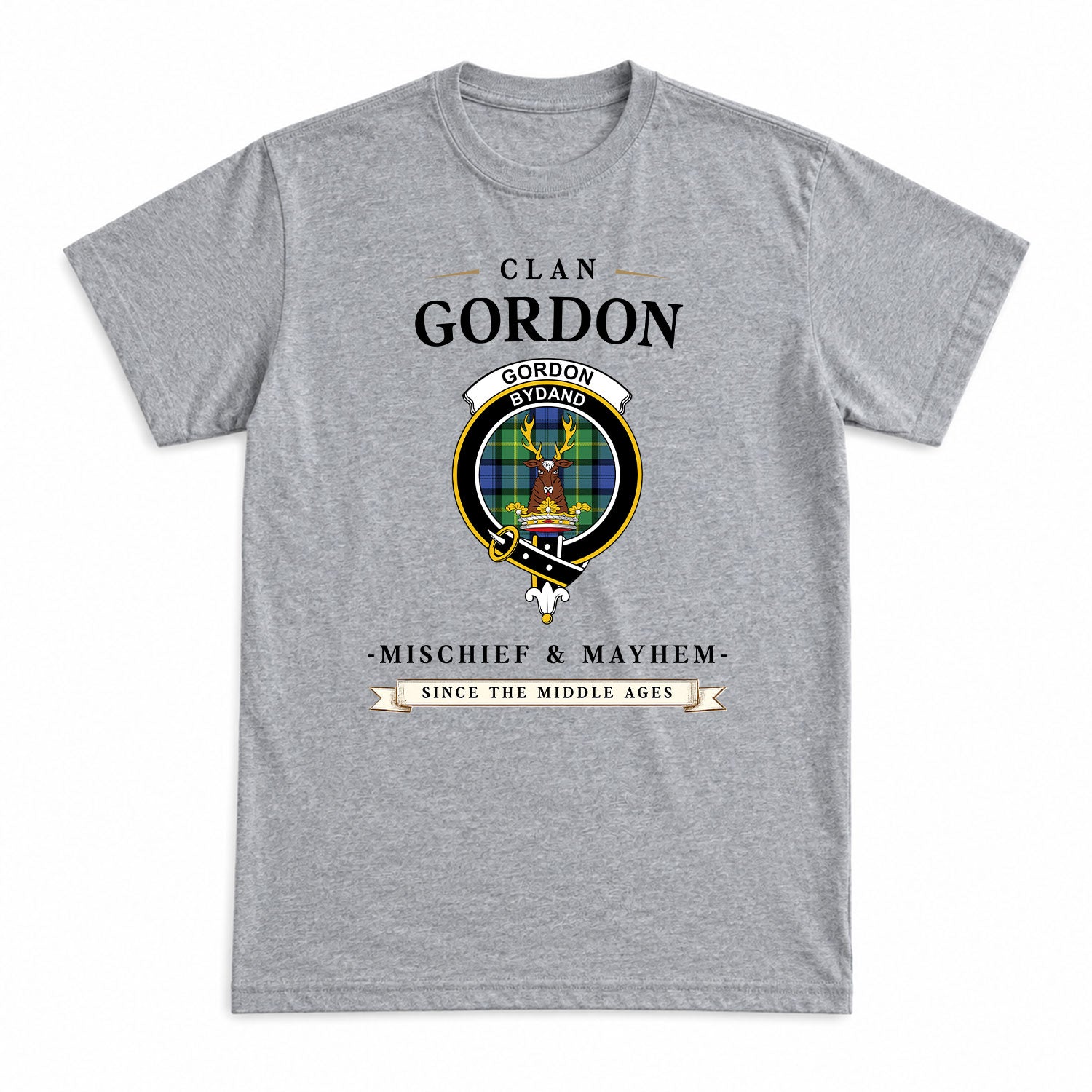 Gordon Old Ancient Tartan Crest Mischief and Mayhem T-shirt