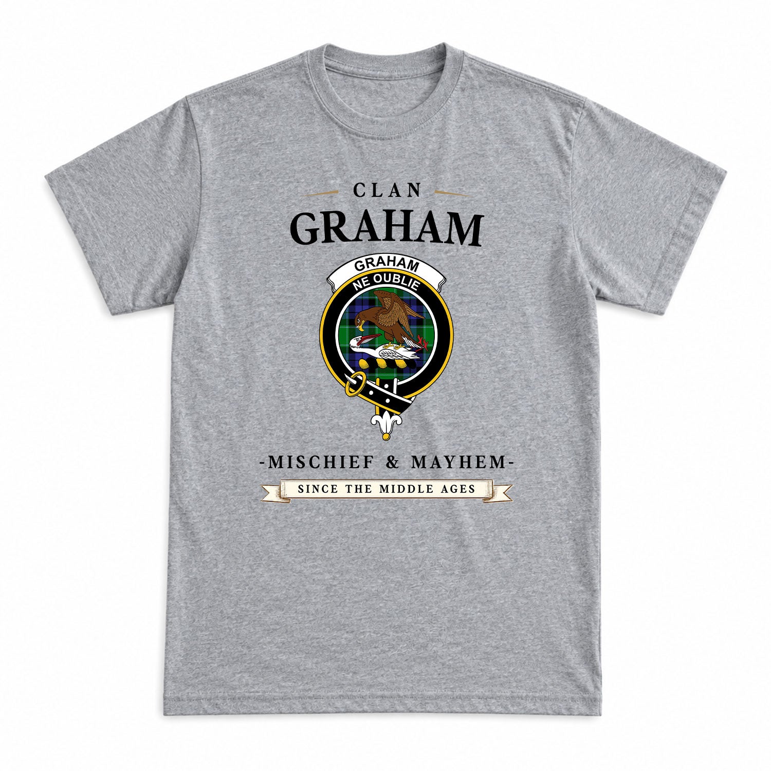 Graham of Menteith Modern Tartan Crest Mischief and Mayhem T-shirt