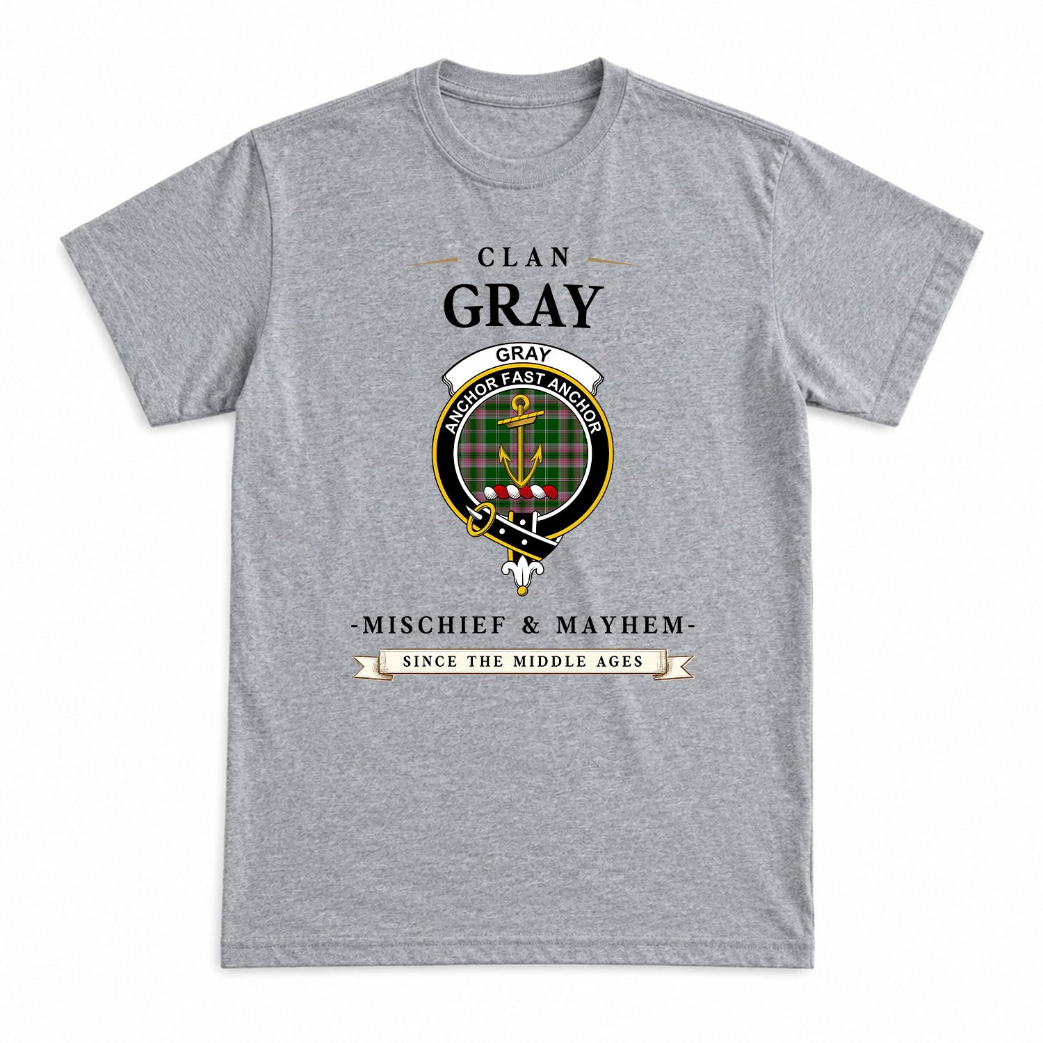 Gray Hunting Tartan Crest Mischief and Mayhem T-shirt