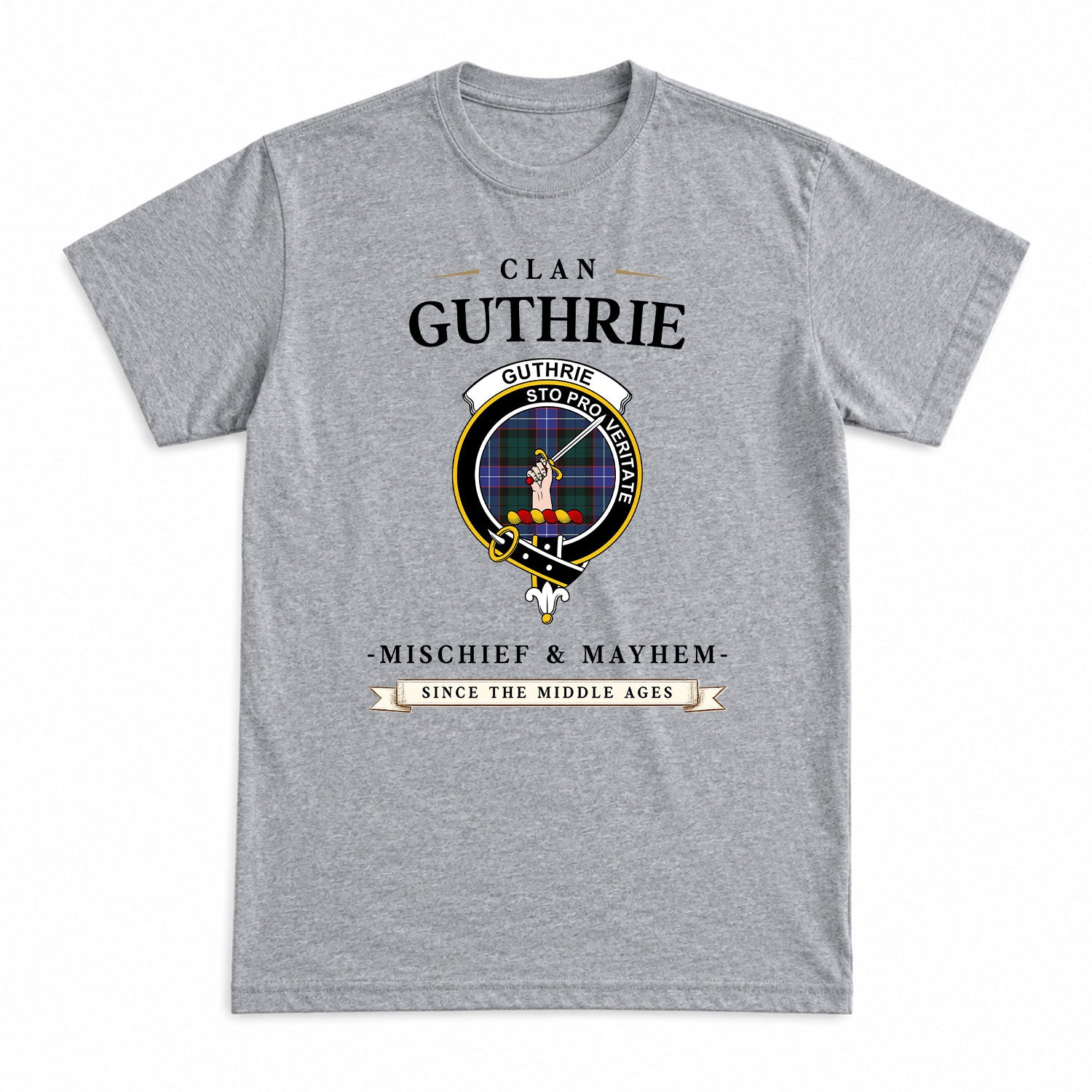Guthrie Modern Tartan Crest Mischief and Mayhem T-shirt
