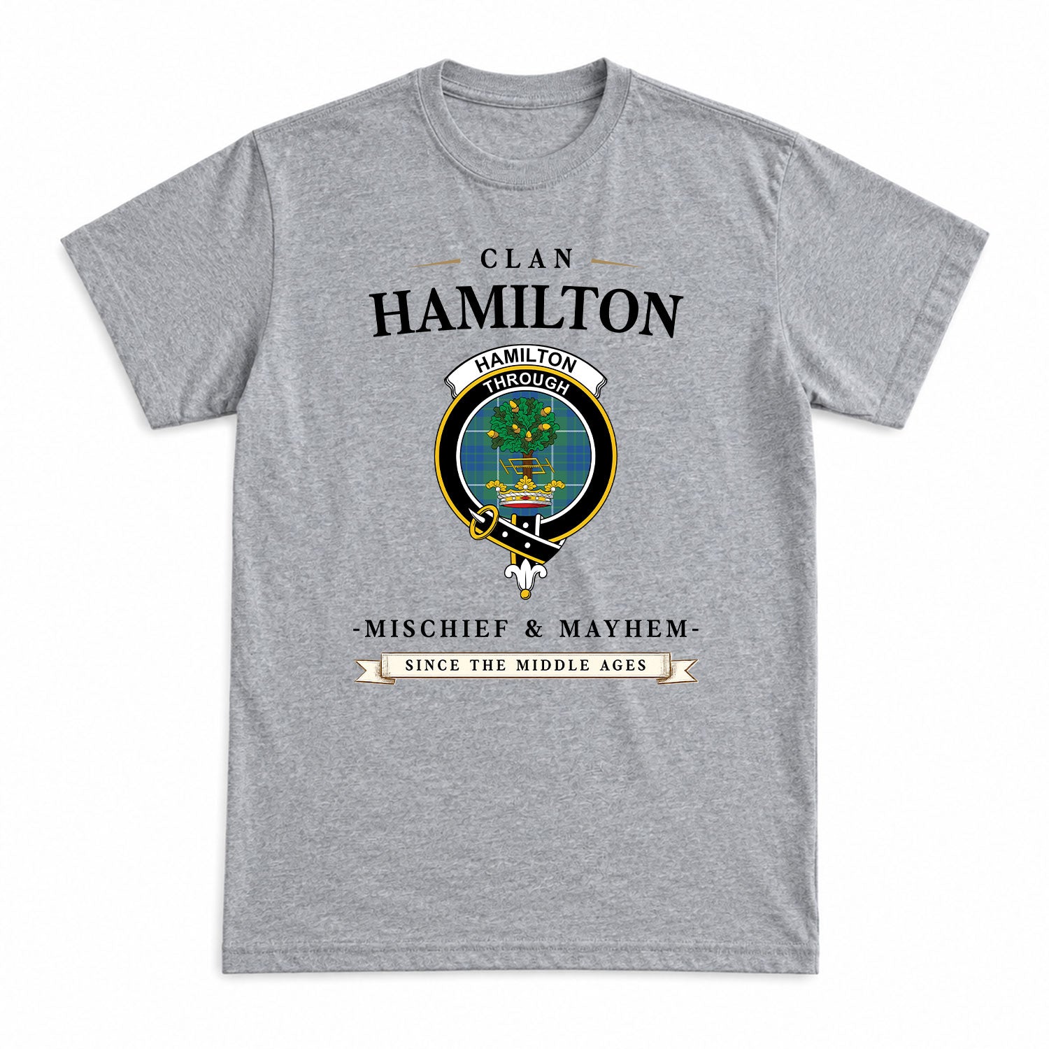 Hamilton Hunting Ancient Tartan Crest Mischief and Mayhem T-shirt
