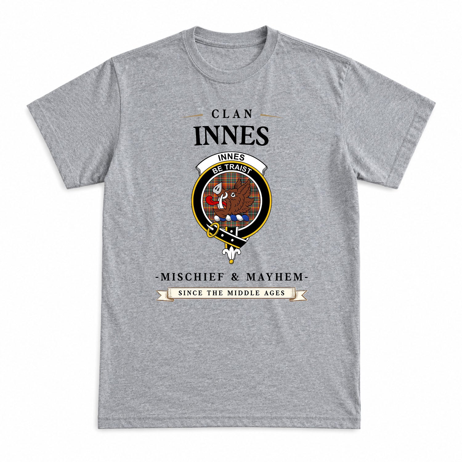 Innes Ancient Tartan Crest Mischief and Mayhem T-shirt