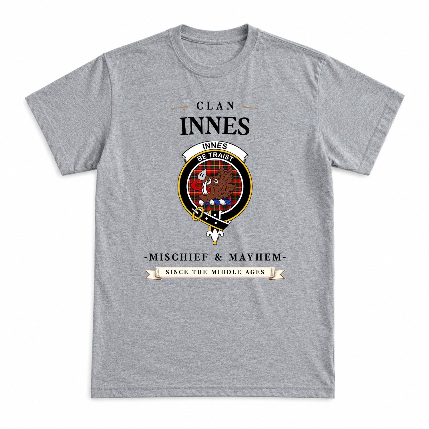 Innes Modern Tartan Crest Mischief and Mayhem T-shirt