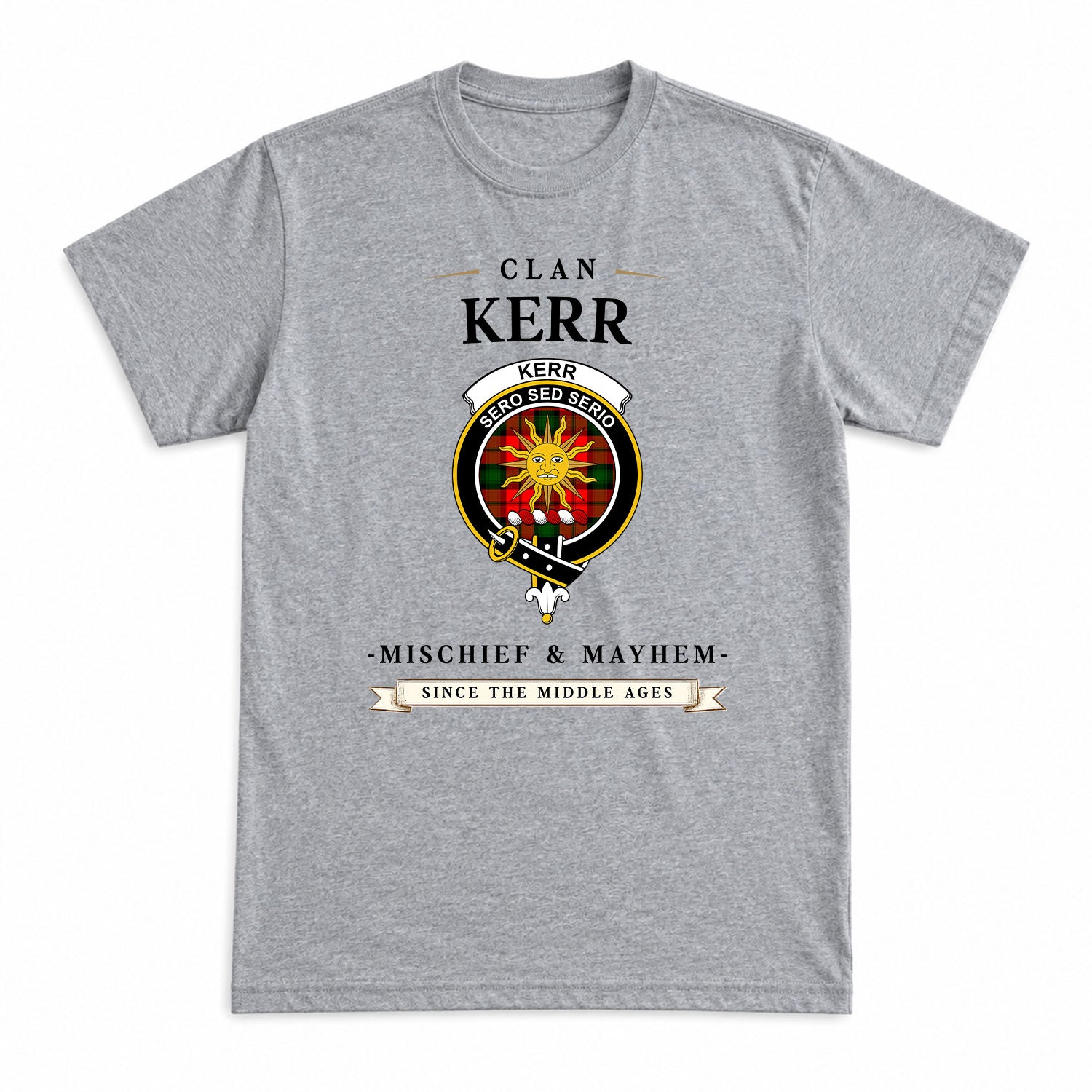 Kerr Modern Tartan Crest Mischief and Mayhem T-shirt