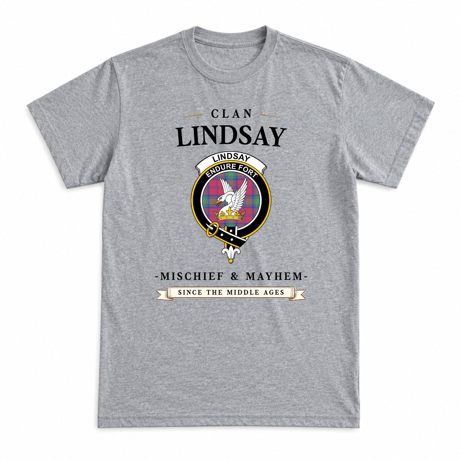 Lindsay Ancient Tartan Crest Mischief and Mayhem T-shirt