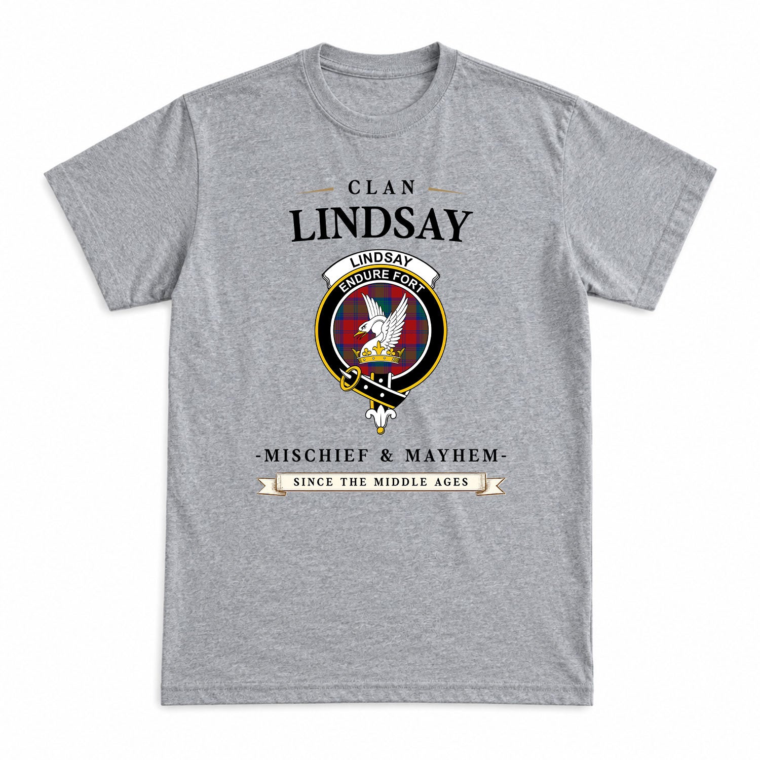 Lindsay Modern Tartan Crest Mischief and Mayhem T-shirt