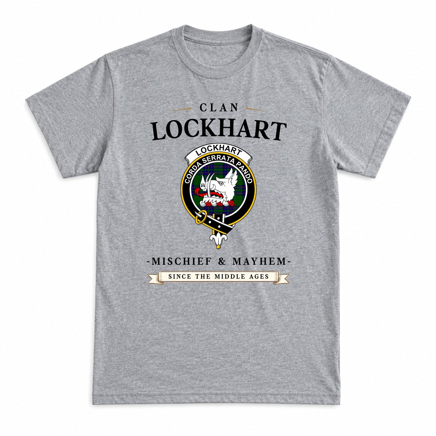 Lockhart Modern Tartan Crest Mischief and Mayhem T-shirt
