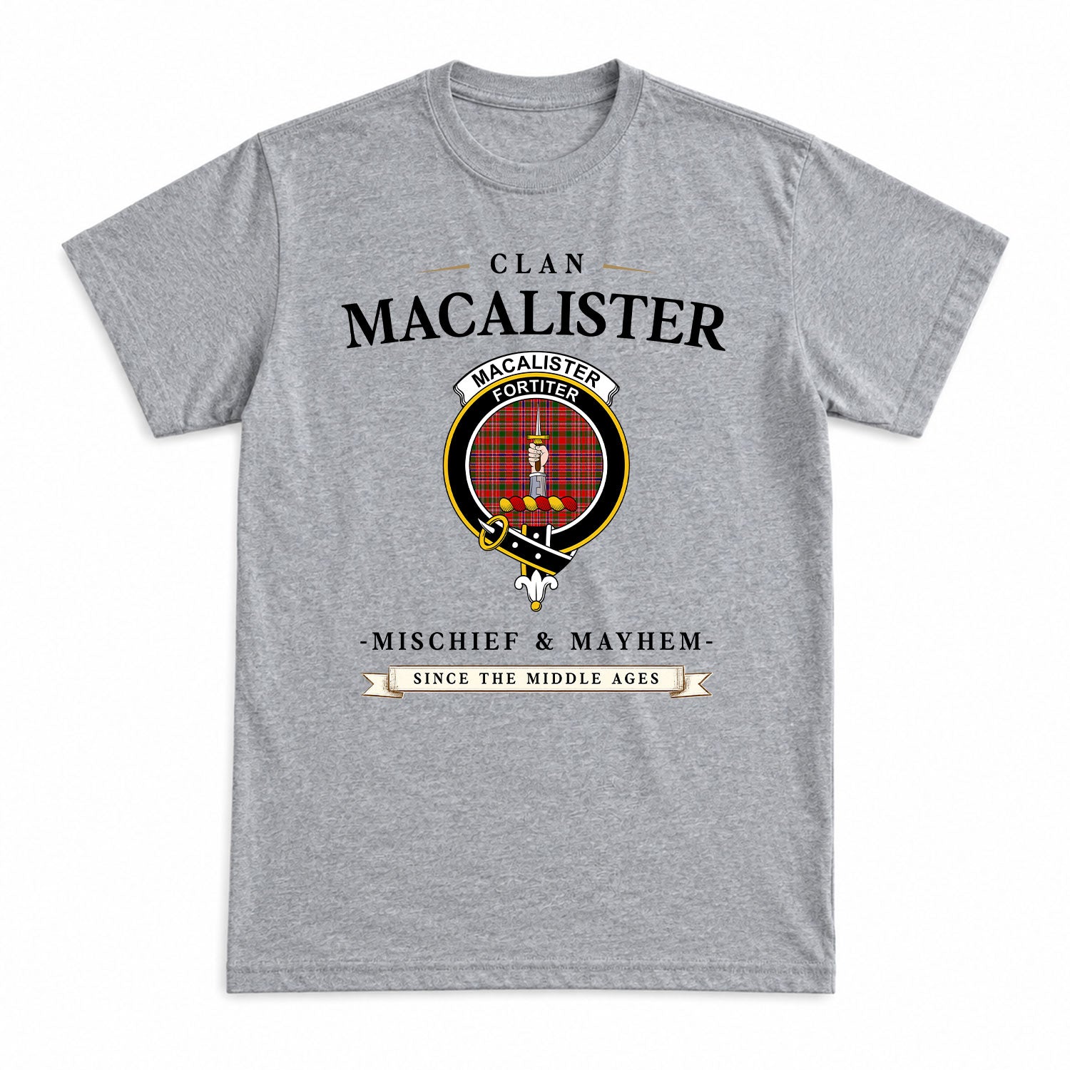 MacAlister Modern Tartan Crest Mischief and Mayhem T-shirt