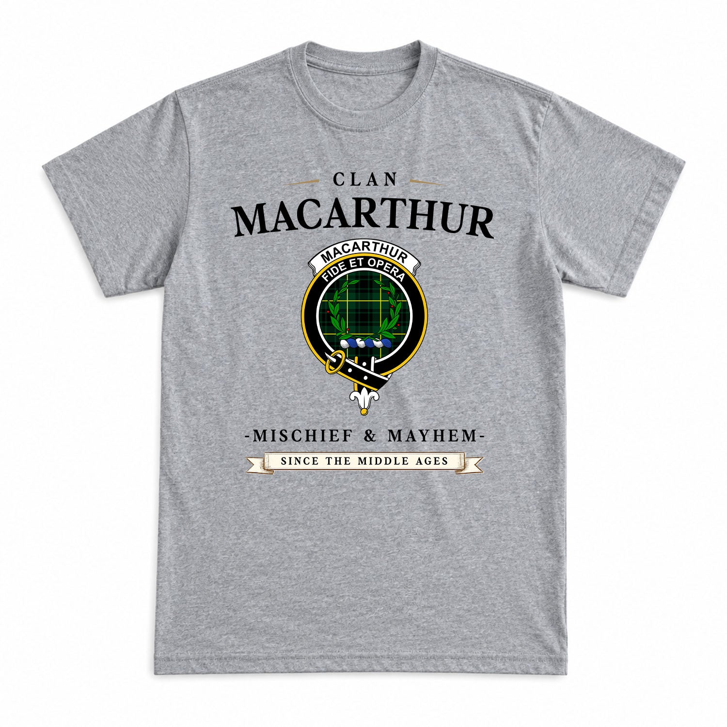 MacArthur Modern Tartan Crest Mischief and Mayhem T-shirt