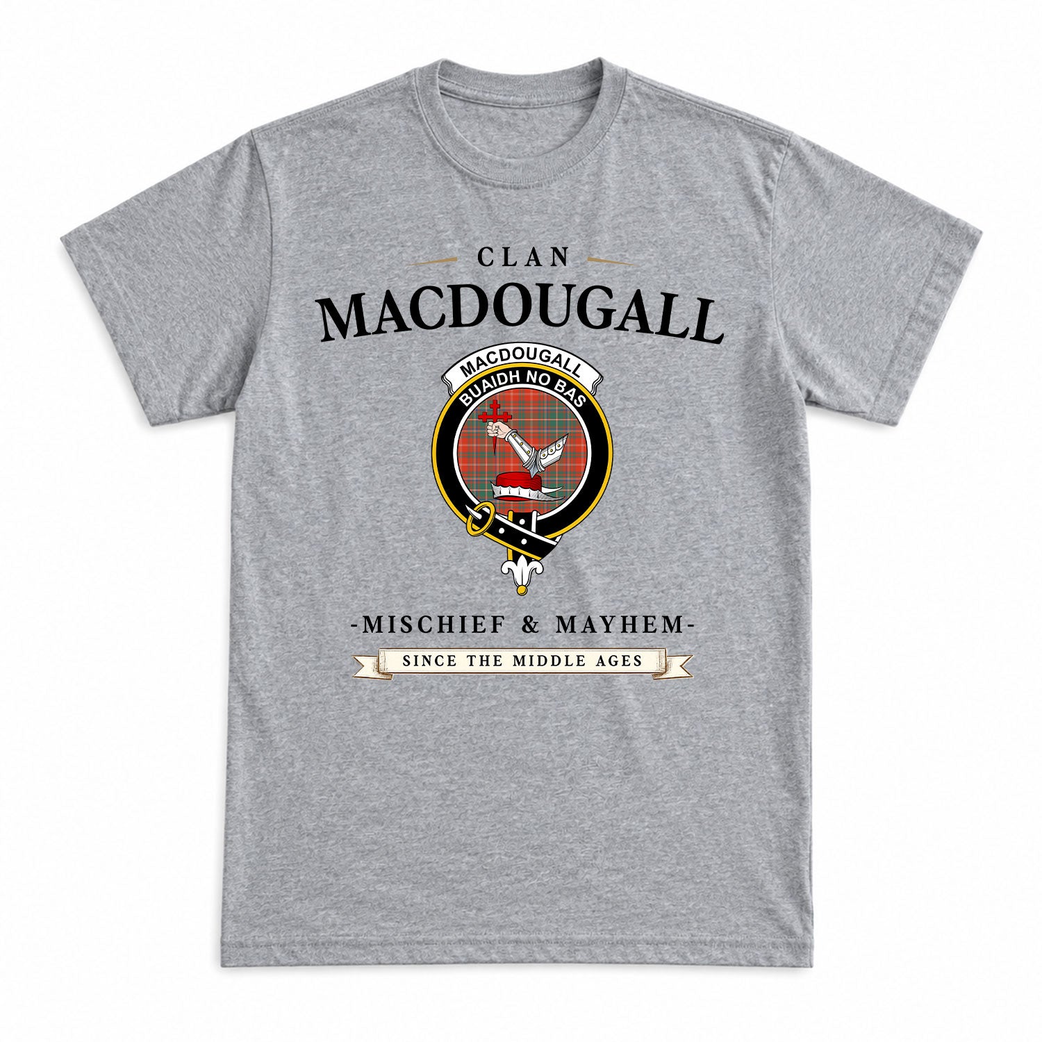 MacDougall Ancient Tartan Crest Mischief and Mayhem T-shirt