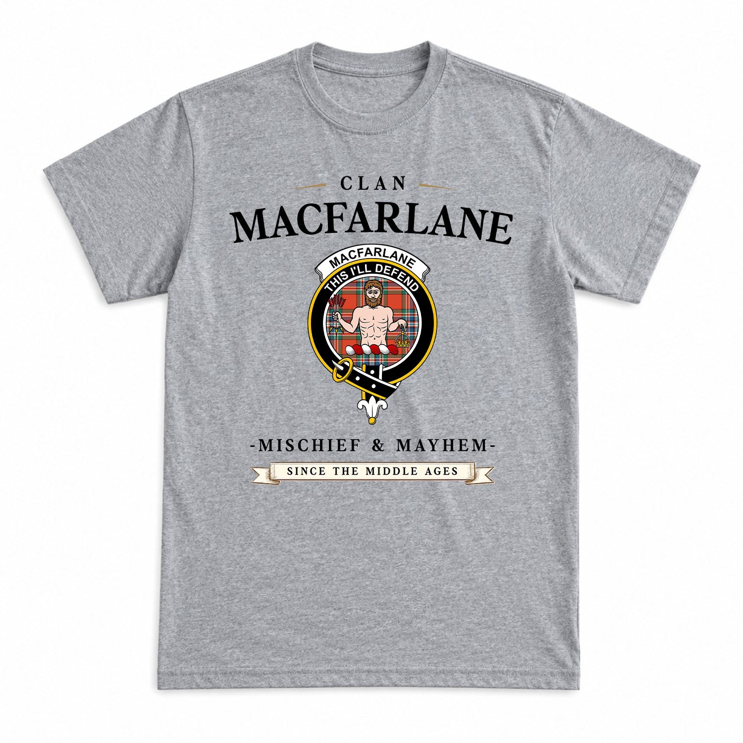 MacFarlane Ancient Tartan Crest Mischief and Mayhem T-shirt