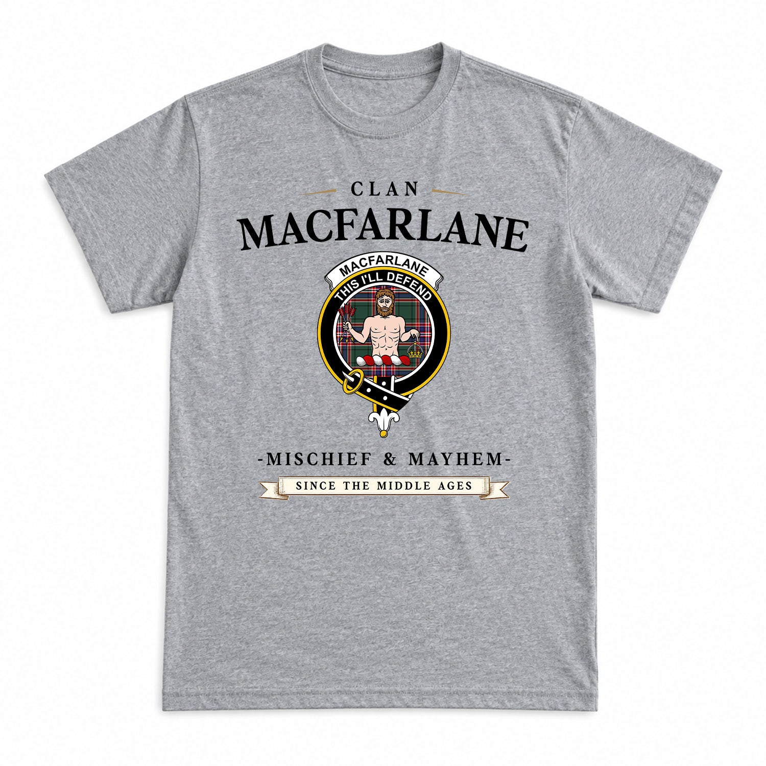 MacFarlane Hunting Modern Tartan Crest Mischief and Mayhem T-shirt