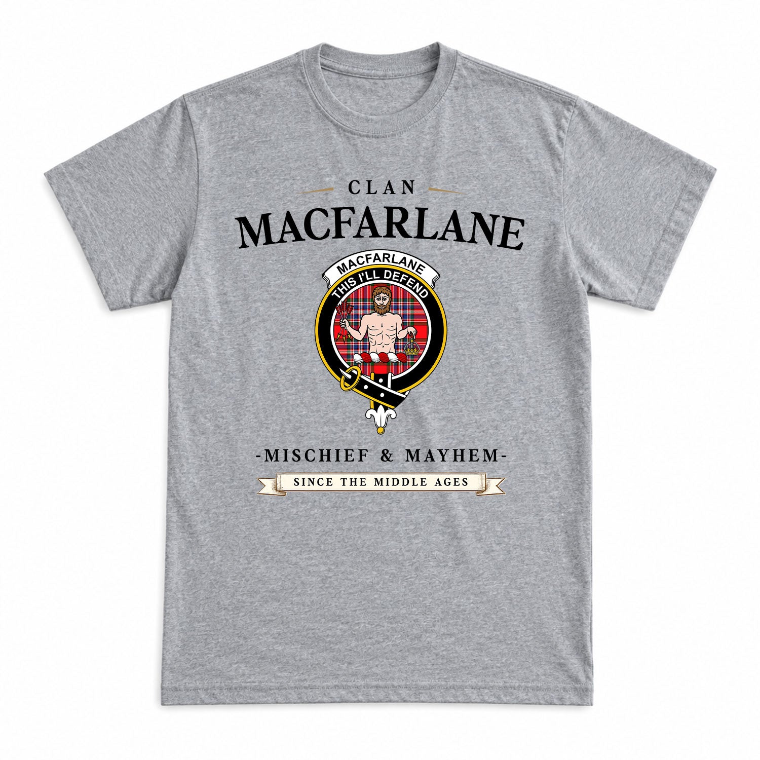 MacFarlane Modern Tartan Crest Mischief and Mayhem T-shirt
