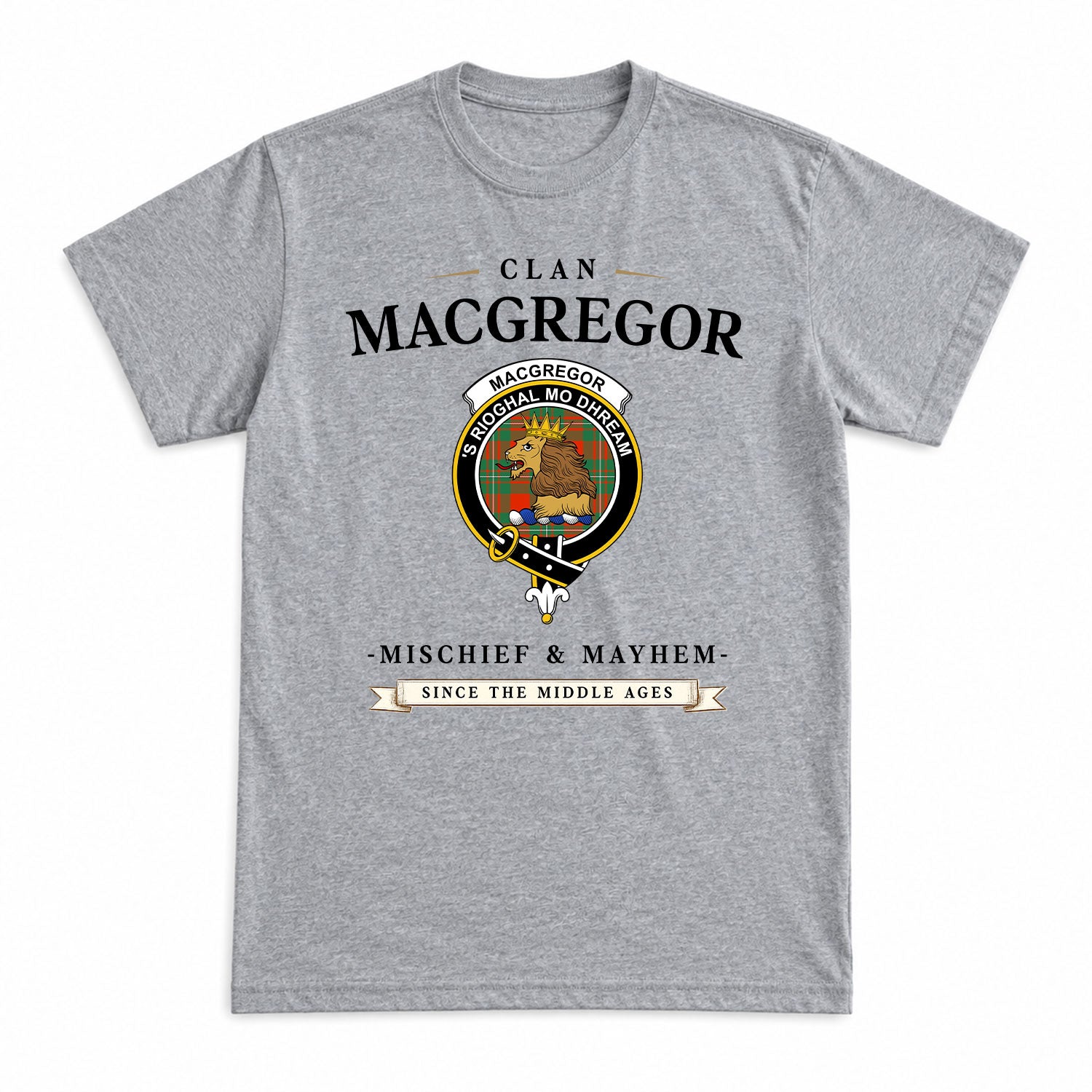 MacGregor Ancient Tartan Crest Mischief and Mayhem T-shirt