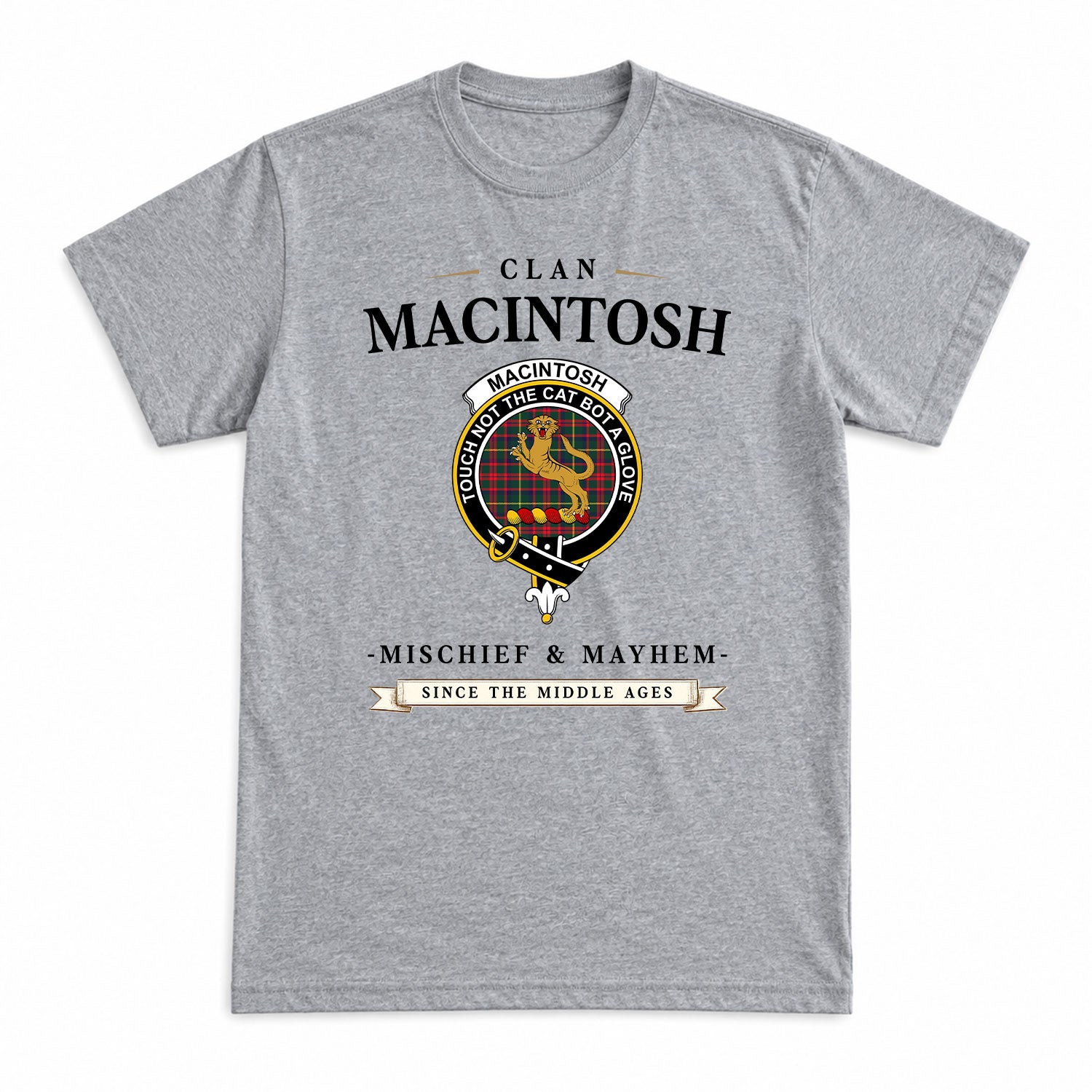MacIntosh Hunting Modern Tartan Crest Mischief and Mayhem T-shirt