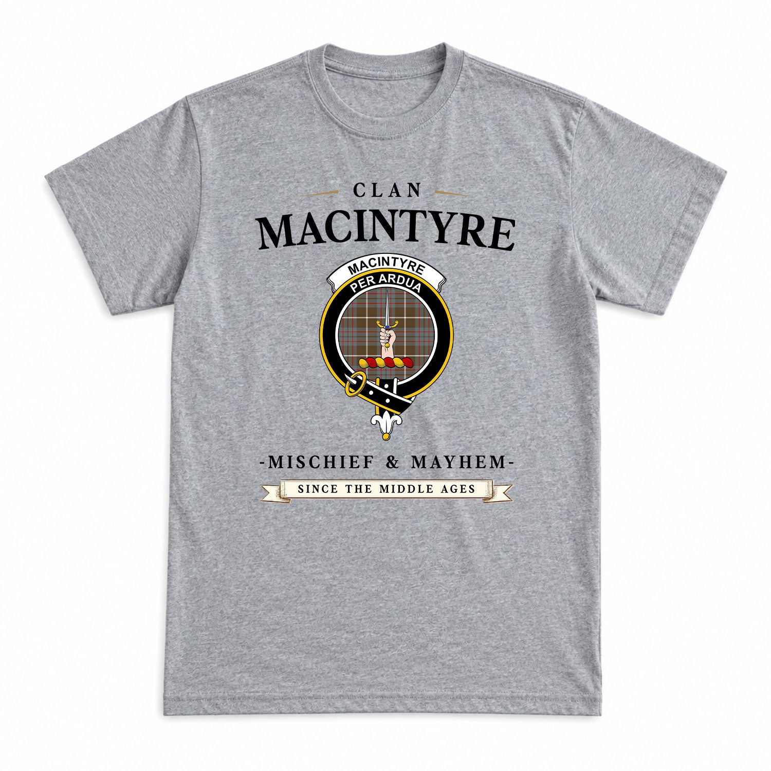 MacIntyre Hunting Weathered Tartan Crest Mischief and Mayhem T-shirt