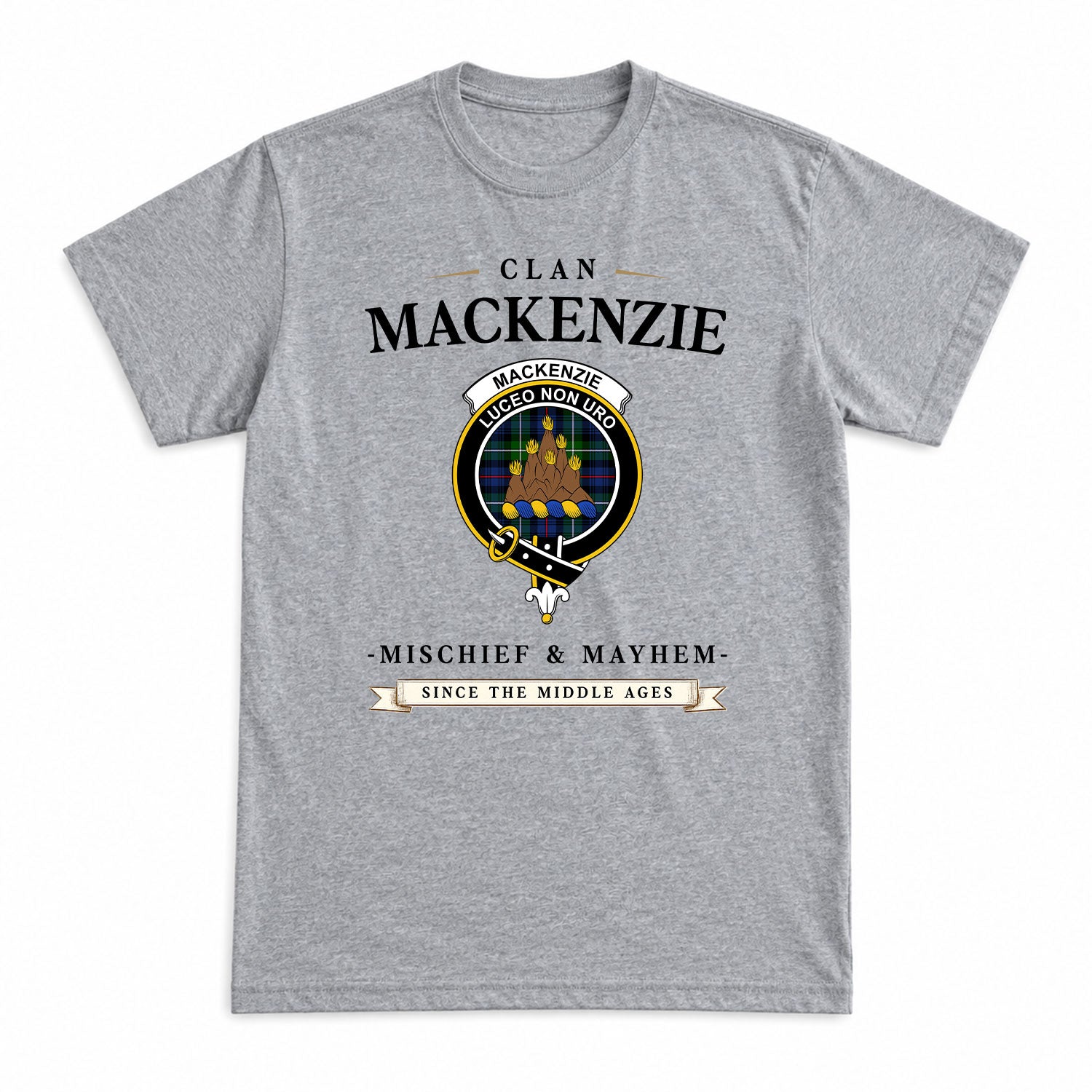 MacKenzie Modern Tartan Crest Mischief and Mayhem T-shirt