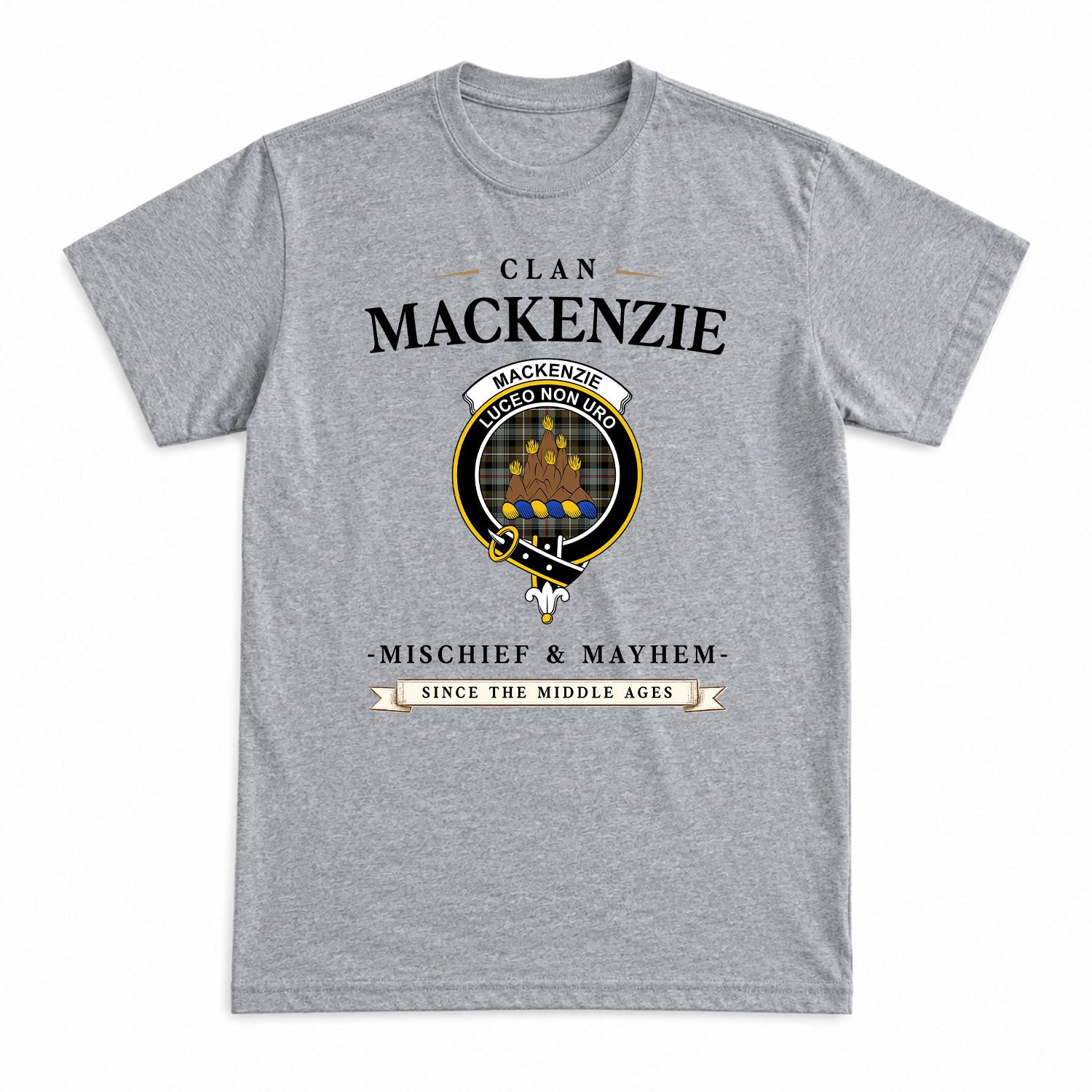MacKenzie Weathered Tartan Crest Mischief and Mayhem T-shirt