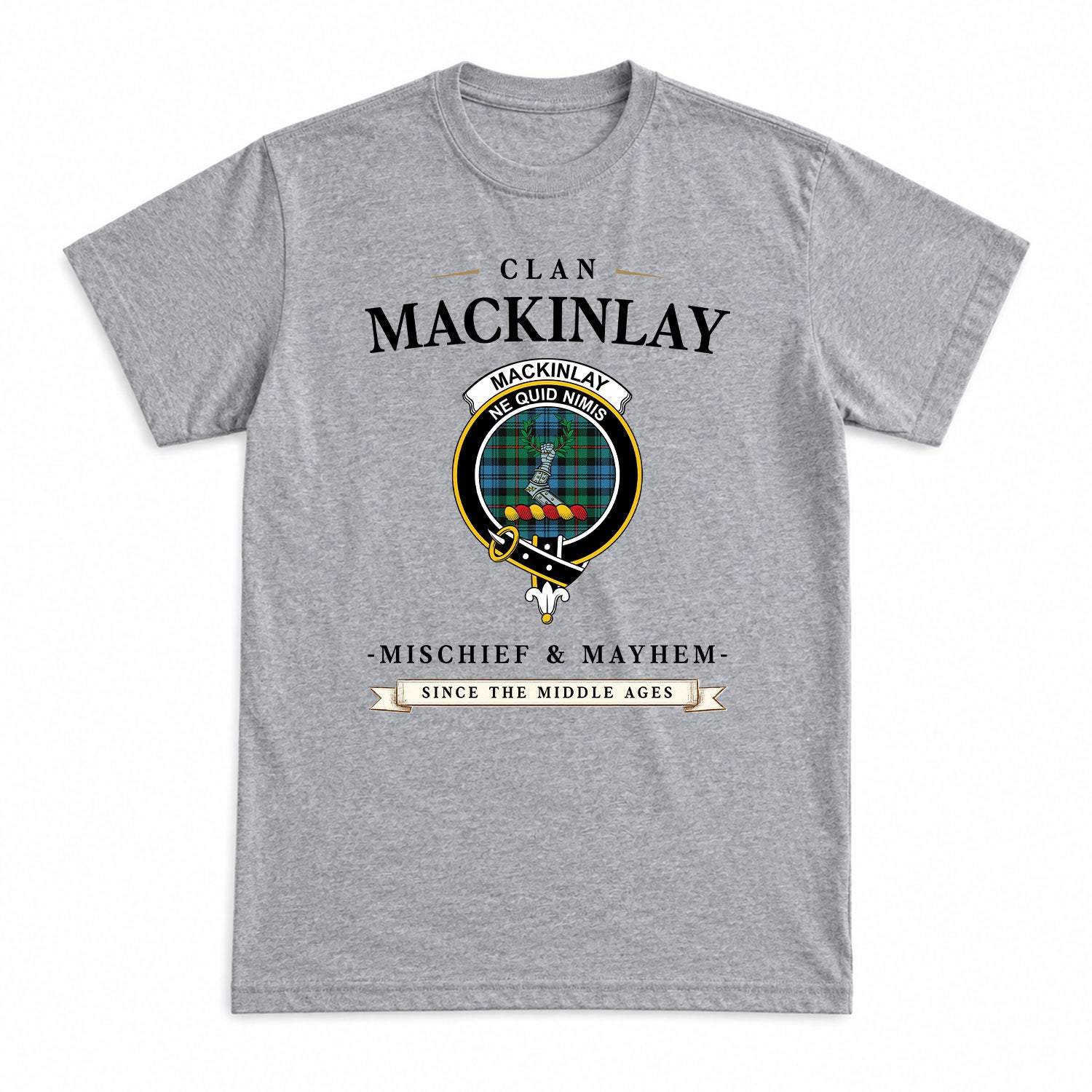 MacKinlay Ancient Tartan Crest Mischief and Mayhem T-shirt