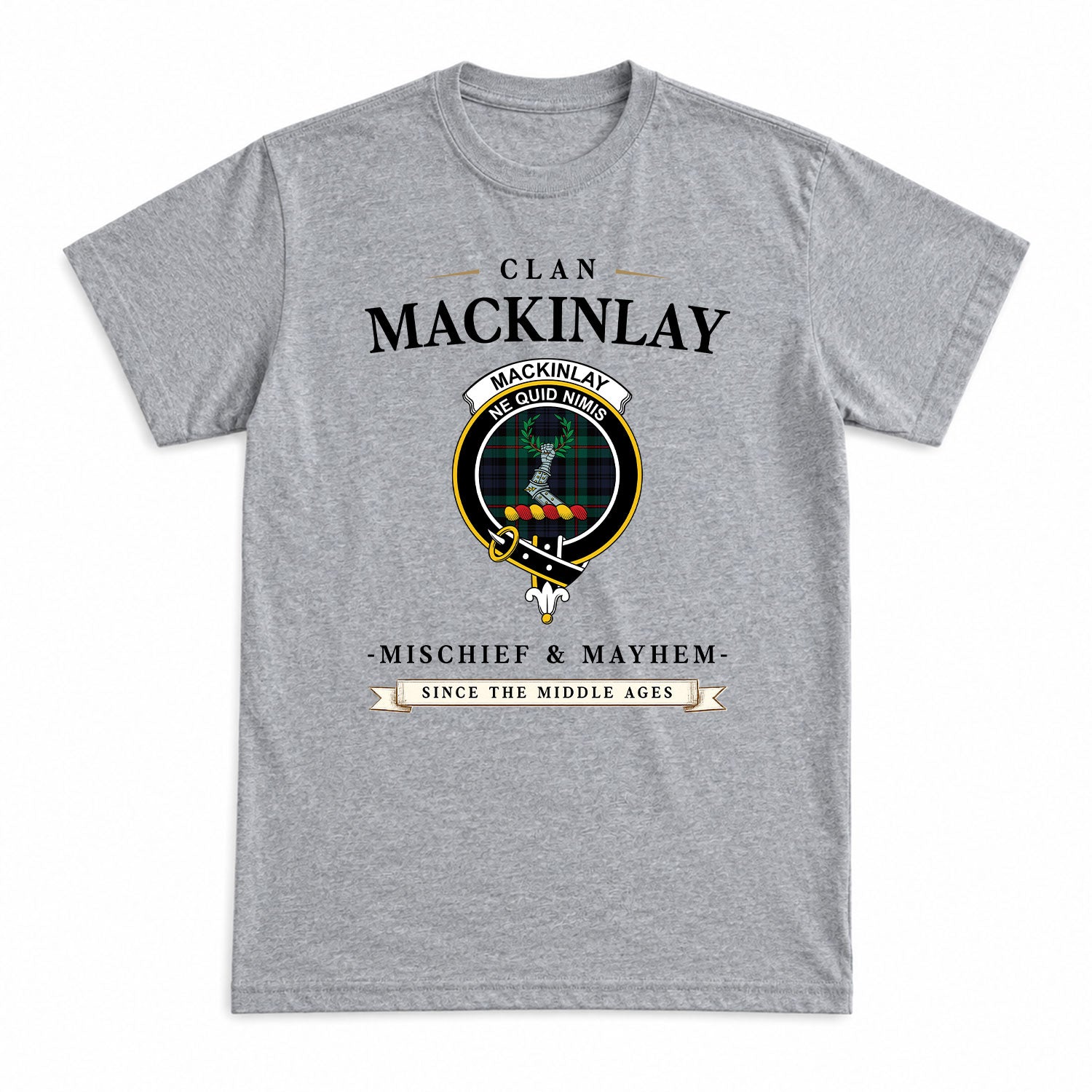 MacKinlay Modern Tartan Crest Mischief and Mayhem T-shirt