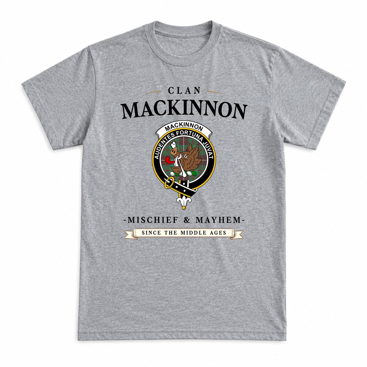 MacKinnon Hunting Ancient Tartan Crest Mischief and Mayhem T-shirt