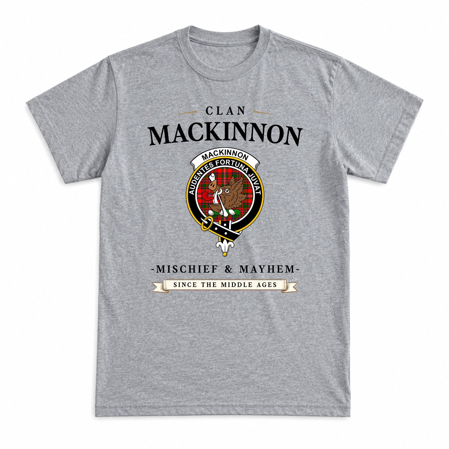 MacKinnon Modern Tartan Crest Mischief and Mayhem T-shirt