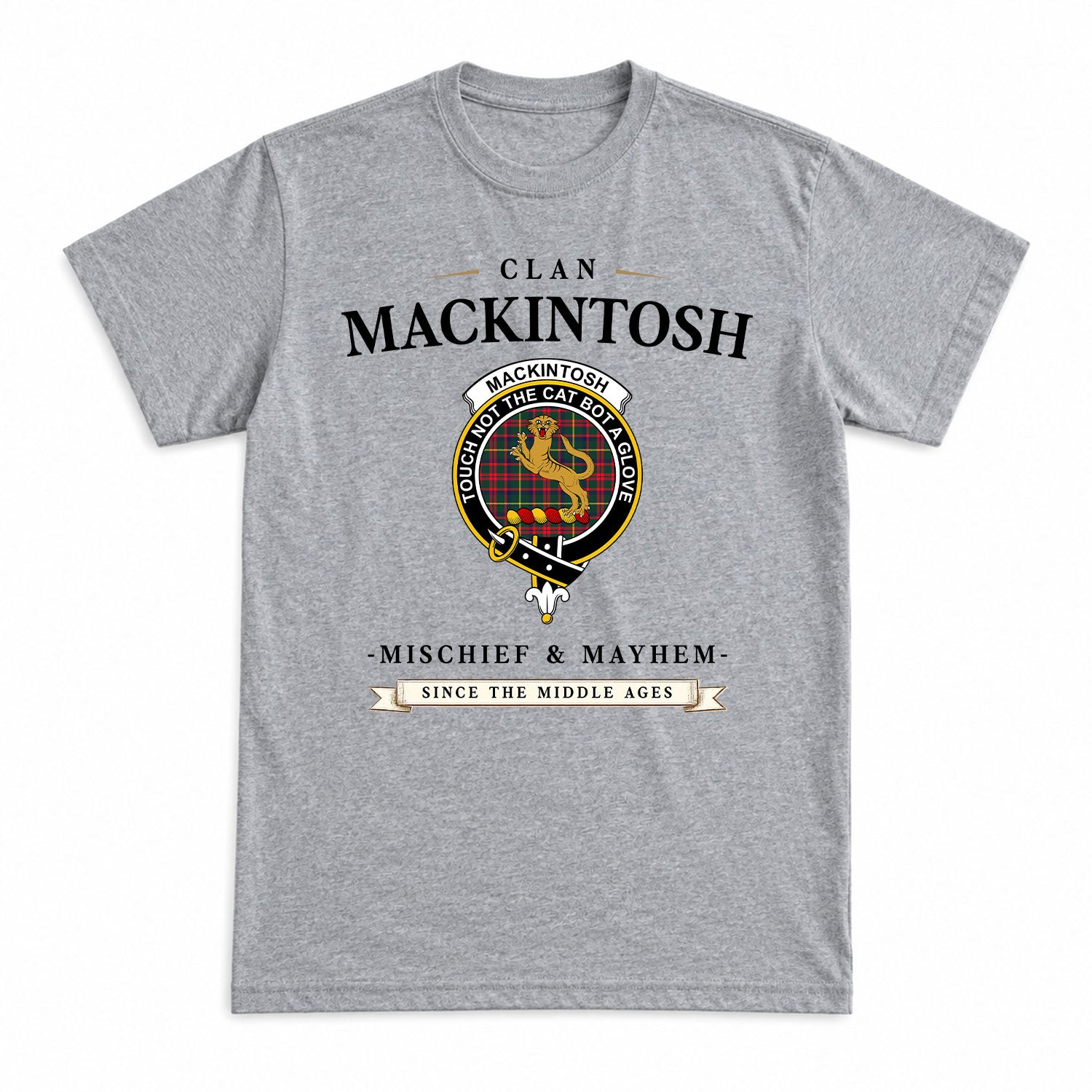 MacKintosh Hunting Modern Tartan Crest Mischief and Mayhem T-shirt