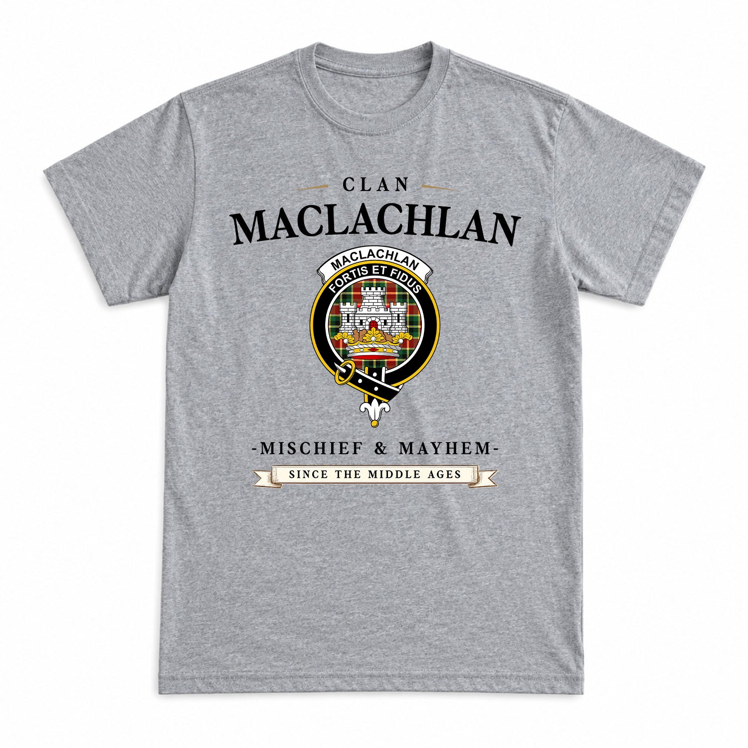 MacLachlan Hunting Modern Tartan Crest Mischief and Mayhem T-shirt