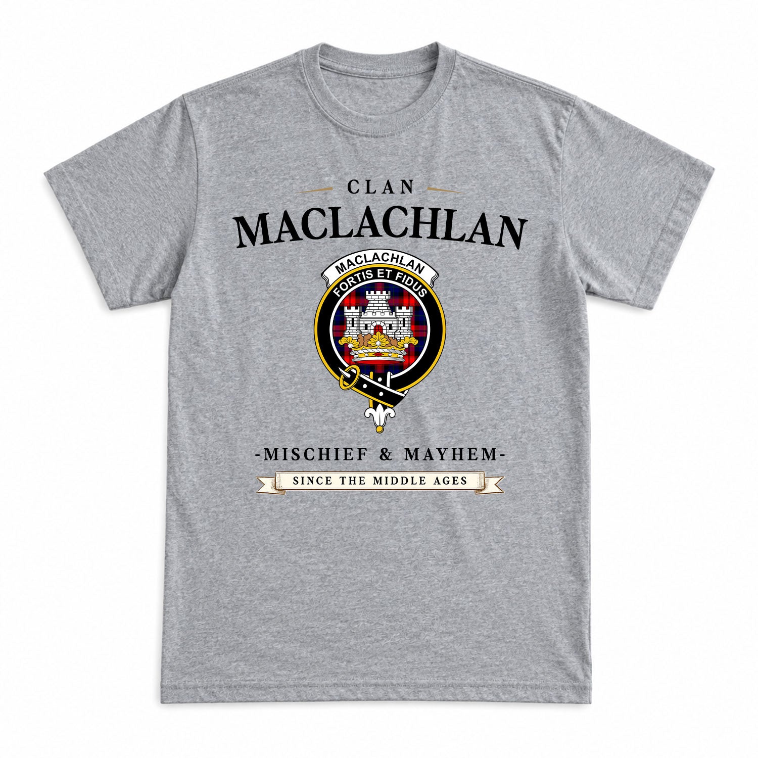MacLachlan Modern Tartan Crest Mischief and Mayhem T-shirt