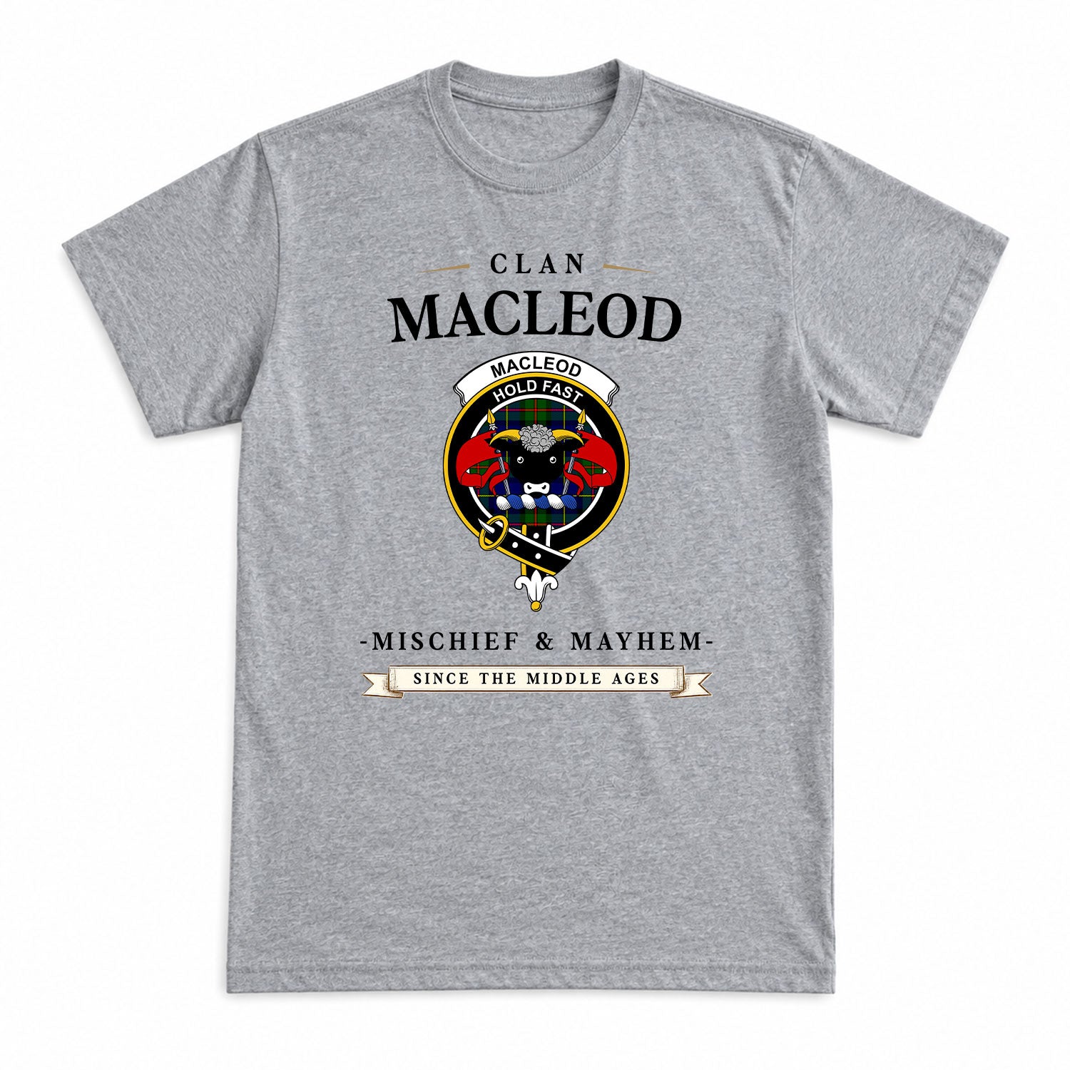 MacLeod of Harris Modern Tartan Crest Mischief and Mayhem T-shirt