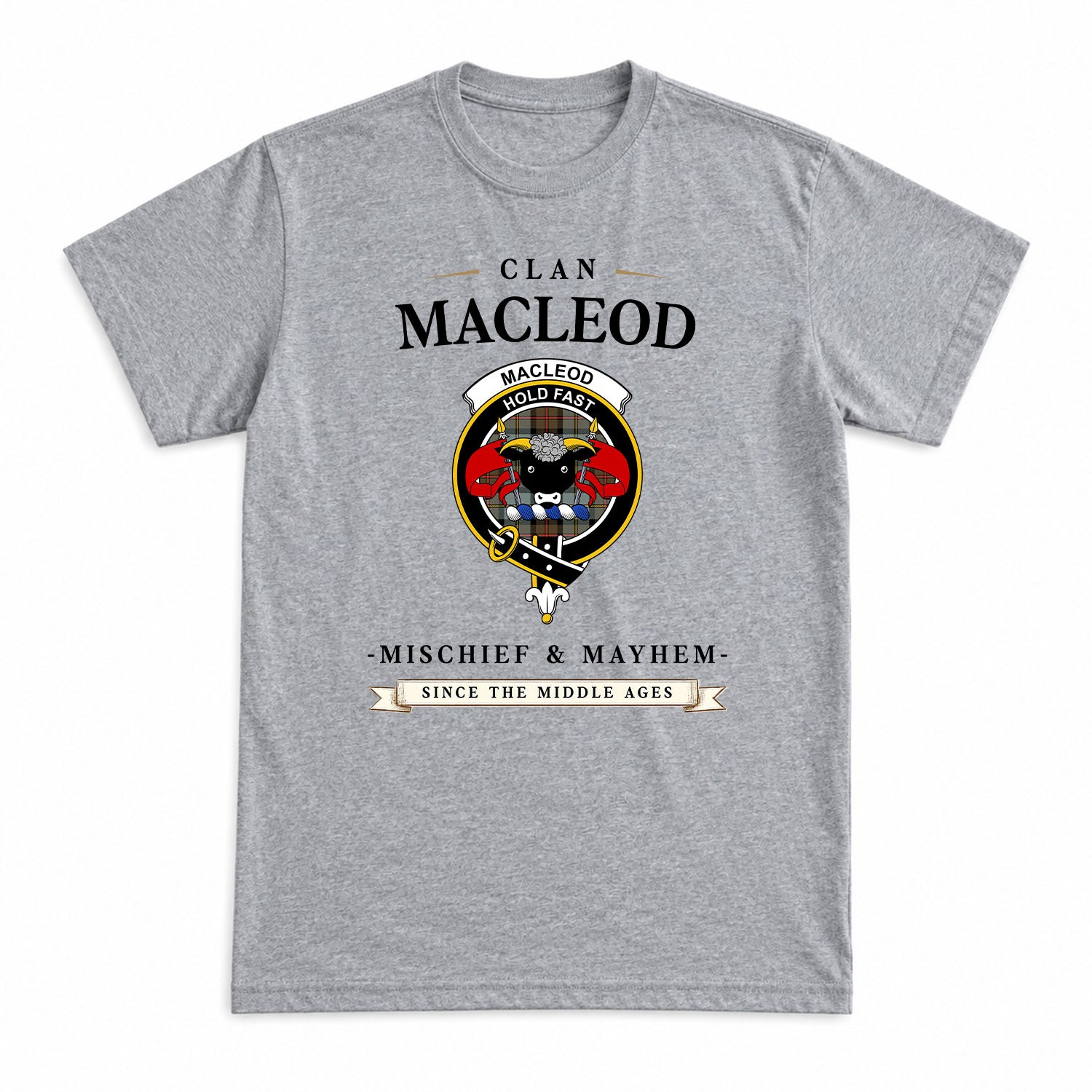 MacLeod of Harris Weathered Tartan Crest Mischief and Mayhem T-shirt
