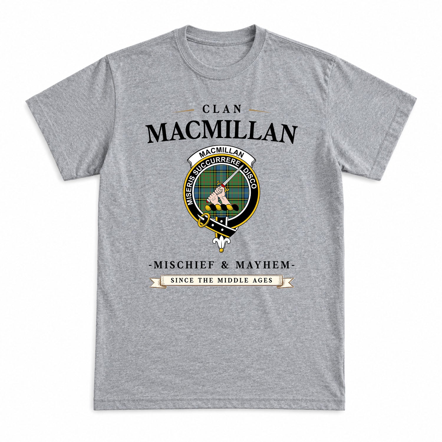 MacMillan Hunting Ancient Tartan Crest Mischief and Mayhem T-shirt