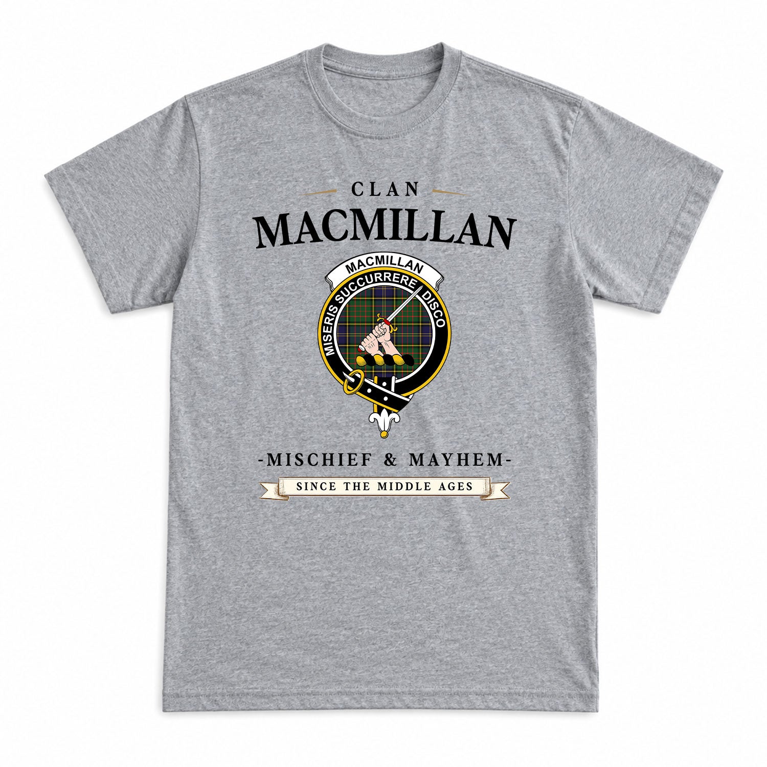 MacMillan Hunting Modern Tartan Crest Mischief and Mayhem T-shirt
