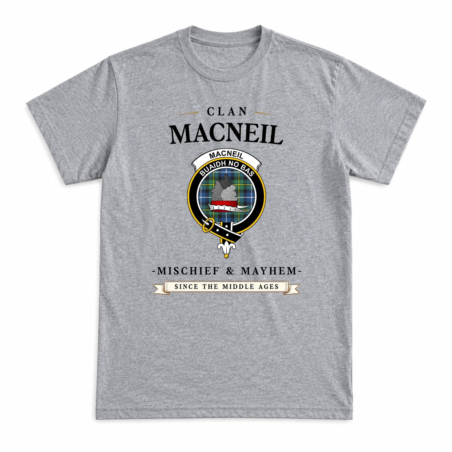 MacNeil of Barra Ancient Tartan Crest Mischief and Mayhem T-shirt