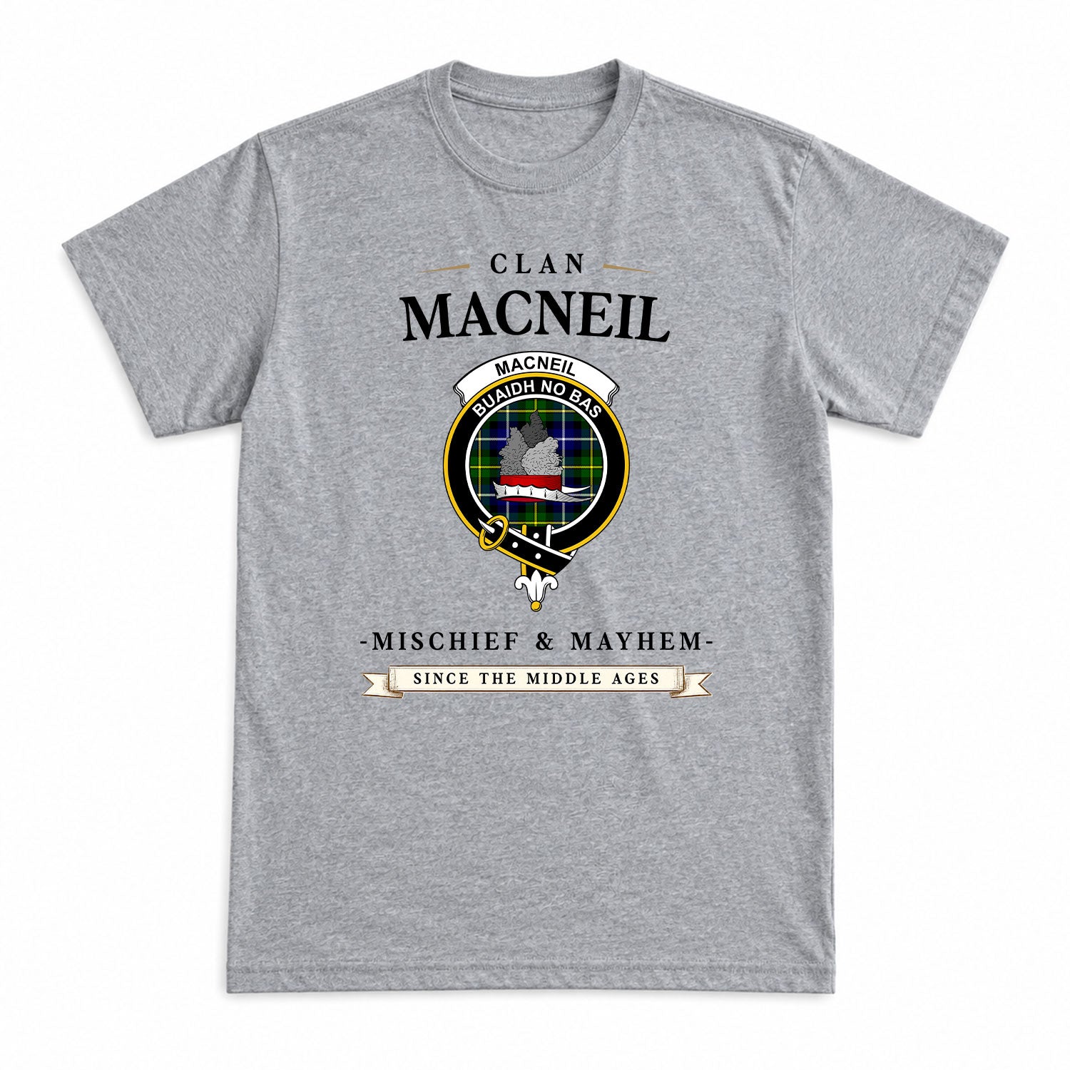 MacNeil of Barra Modern Tartan Crest Mischief and Mayhem T-shirt