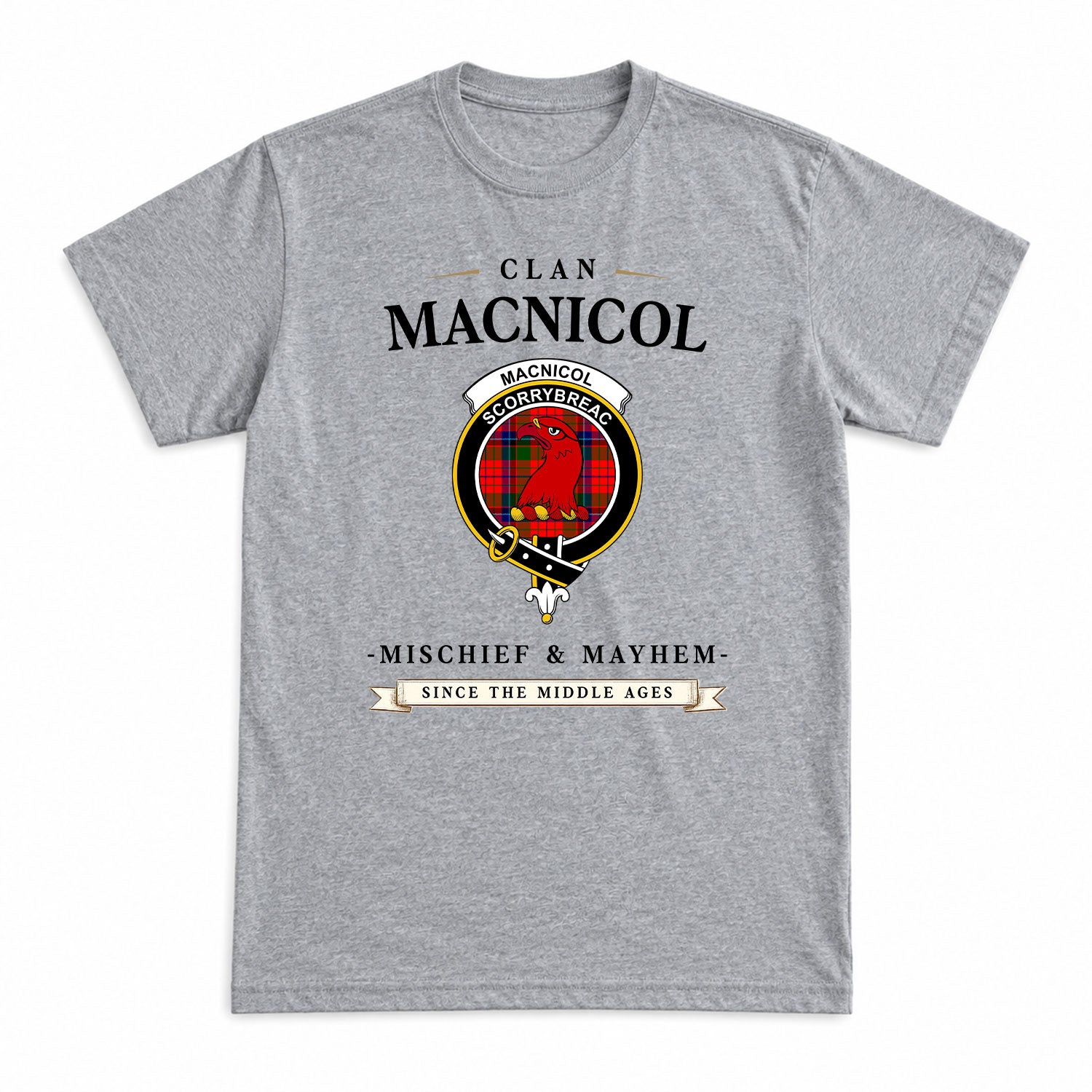 MacNicol (of Scorrybreac) Tartan Crest Mischief and Mayhem T-shirt
