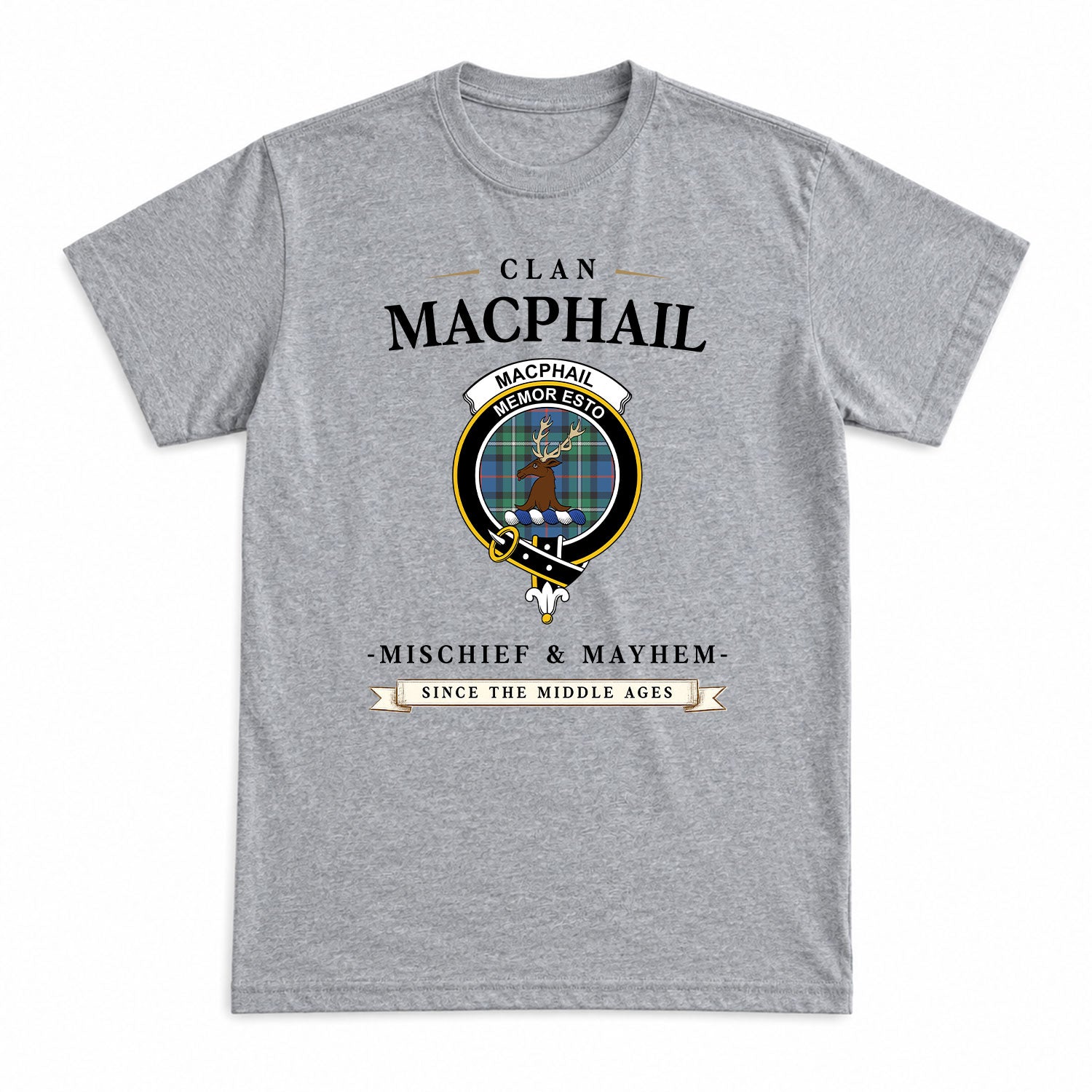 MacPhail Hunting Ancient Tartan Crest Mischief and Mayhem T-shirt