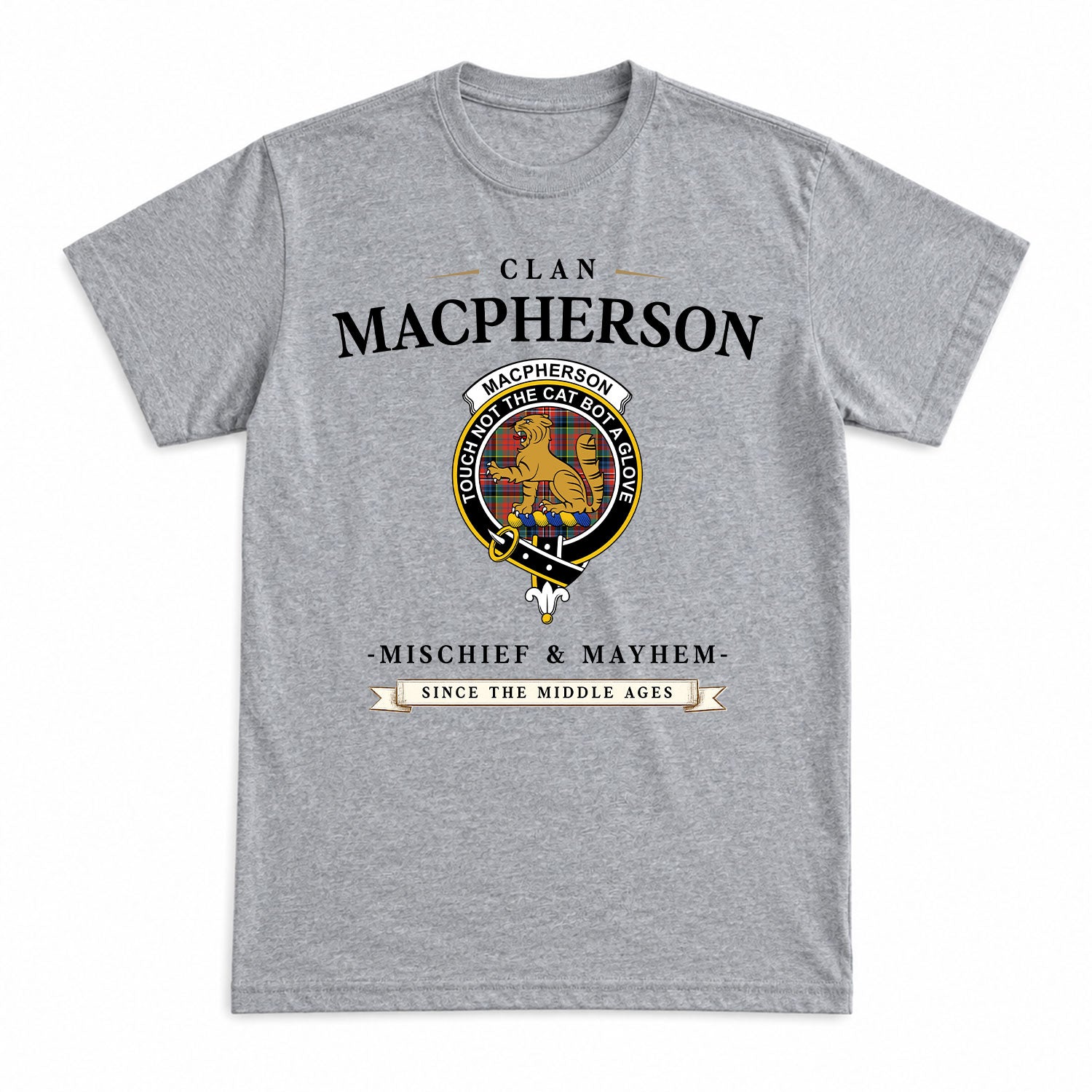 MacPherson Ancient Tartan Crest Mischief and Mayhem T-shirt