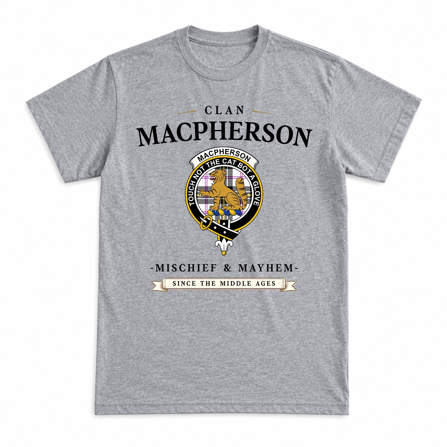 MacPherson Dress Modern Tartan Crest Mischief and Mayhem T-shirt