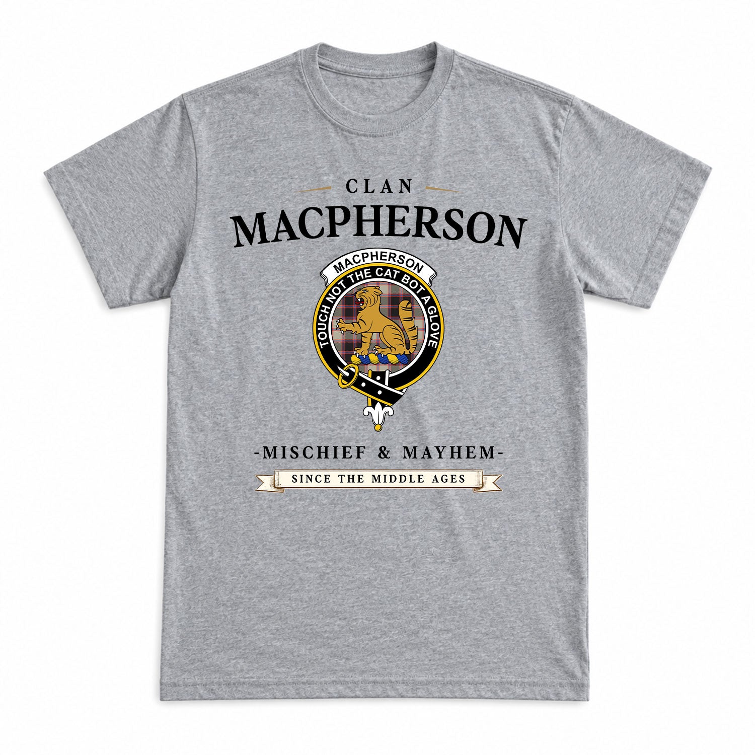 MacPherson Hunting Ancient Tartan Crest Mischief and Mayhem T-shirt