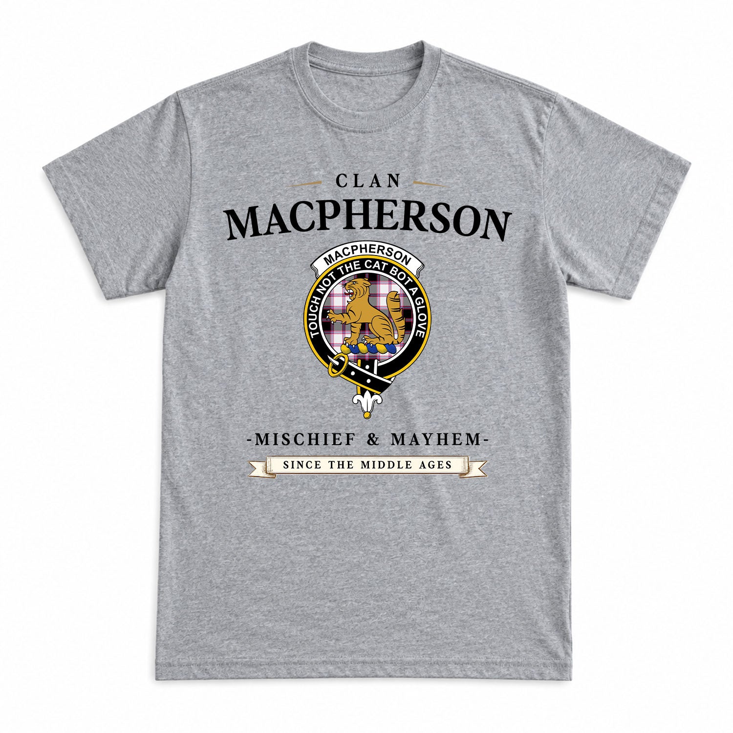 MacPherson Hunting Modern Tartan Crest Mischief and Mayhem T-shirt