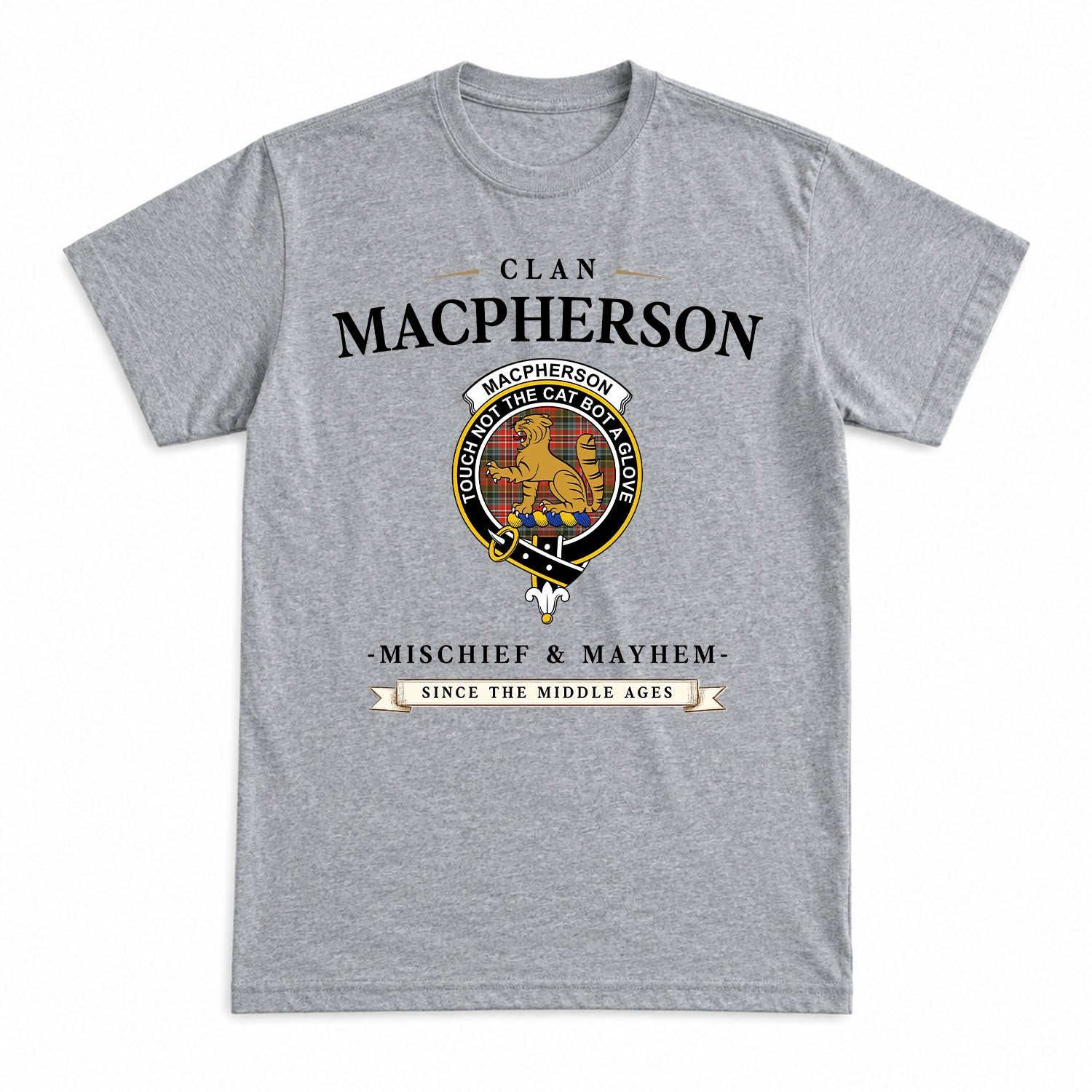 MacPherson Weathered Tartan Crest Mischief and Mayhem T-shirt