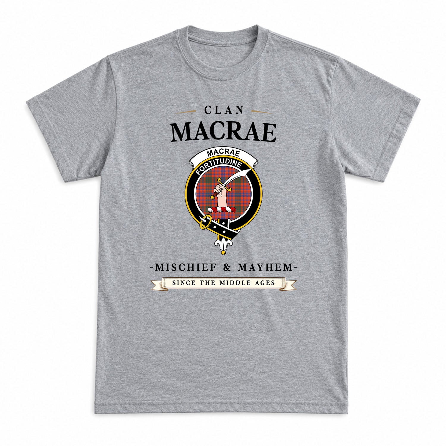 MacRae Ancient Tartan Crest Mischief and Mayhem T-shirt
