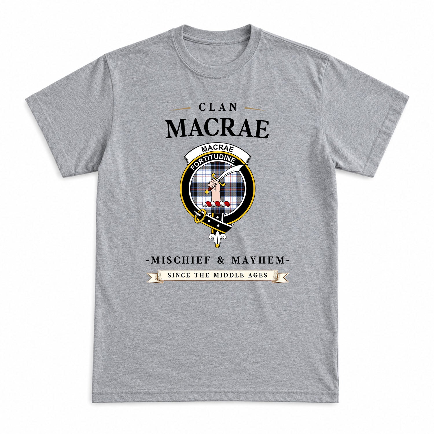 MacRae Dress Modern Tartan Crest Mischief and Mayhem T-shirt